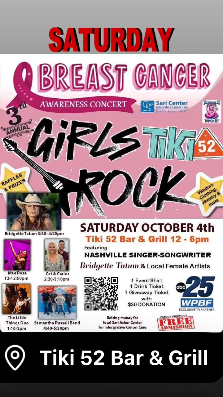 🎉 TOMORROW! 🎉
Saturday, October 4th | 12PM – 6PM
So excited to be part of this for the third year in a row—and proud that my firm is once again one of the stage sponsors for the 2nd year running! 🙌✨
Join us at Girls Rock Tiki 52 Bar & Grill, benefiting the Sari Asher Center for Integrative Cancer Care. 💕
✨ Incredible live music from powerhouse local female artists
✨ Special performance by Nashville’s Bridgette Tatum (“She’s Country”) 🎶🔥
✨ Amazing vendors with clothing, jewelry & more 🛍️
✨ Delicious food, cold drinks & waterfront vibes 🌴🍹🍔
Don’t miss this one—it’s going to be a perfect Saturday for a great cause! 💖
#GirlsRockTiki52 #LiveMusic #WaterfrontVibes #ShopLocal #SupportWomen #WomenWhoRock #BridgetteTatum #ShesCountry #LocalMusicLove #MusicWithPurpose #CommunityStrong