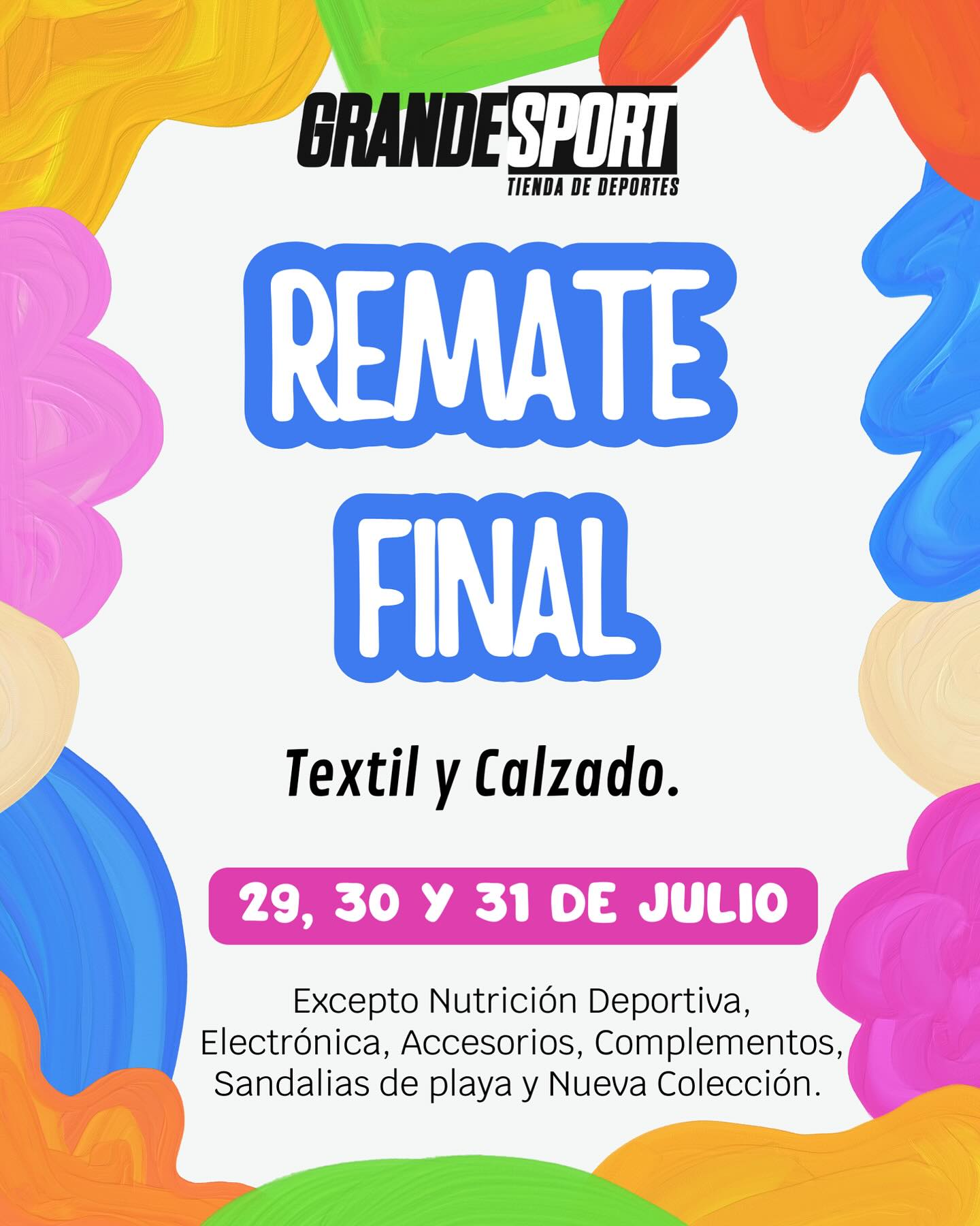 🏷️ 🅡🅔🅜🅐🅣🅔 🅕🅘🅝🅐🅛 🏷️
🔴 𝗖𝗔𝗟𝗭𝗔𝗗𝗢:  𝗣𝗮𝘀𝗮 𝗱𝗲𝗹 𝟰𝟬% 𝗮𝗹 𝟱𝟬%. 
🔴 𝗧𝗘𝗫𝗧𝗜𝗟:  𝗣𝗮𝘀𝗮 𝗱𝗲𝗹 𝟯𝟬% 𝗮𝗹 𝟰𝟬%. 
📆 Sólo los días 29, 30 y 31 de Julio. 
👉  Excepto Sandalias de Playa, Accesorios, Complementos, Electrónica, Nutrición Deportiva y Nueva Colección. 
No acumulable a otras ofertas existentes. 
#rebajas #rebajas‼️ #rebajas2024  #modadeportiva #running #trailrunning #sportswear #mujer #hombre #niños #niñas #montaña #deportes #fútbol #basket
