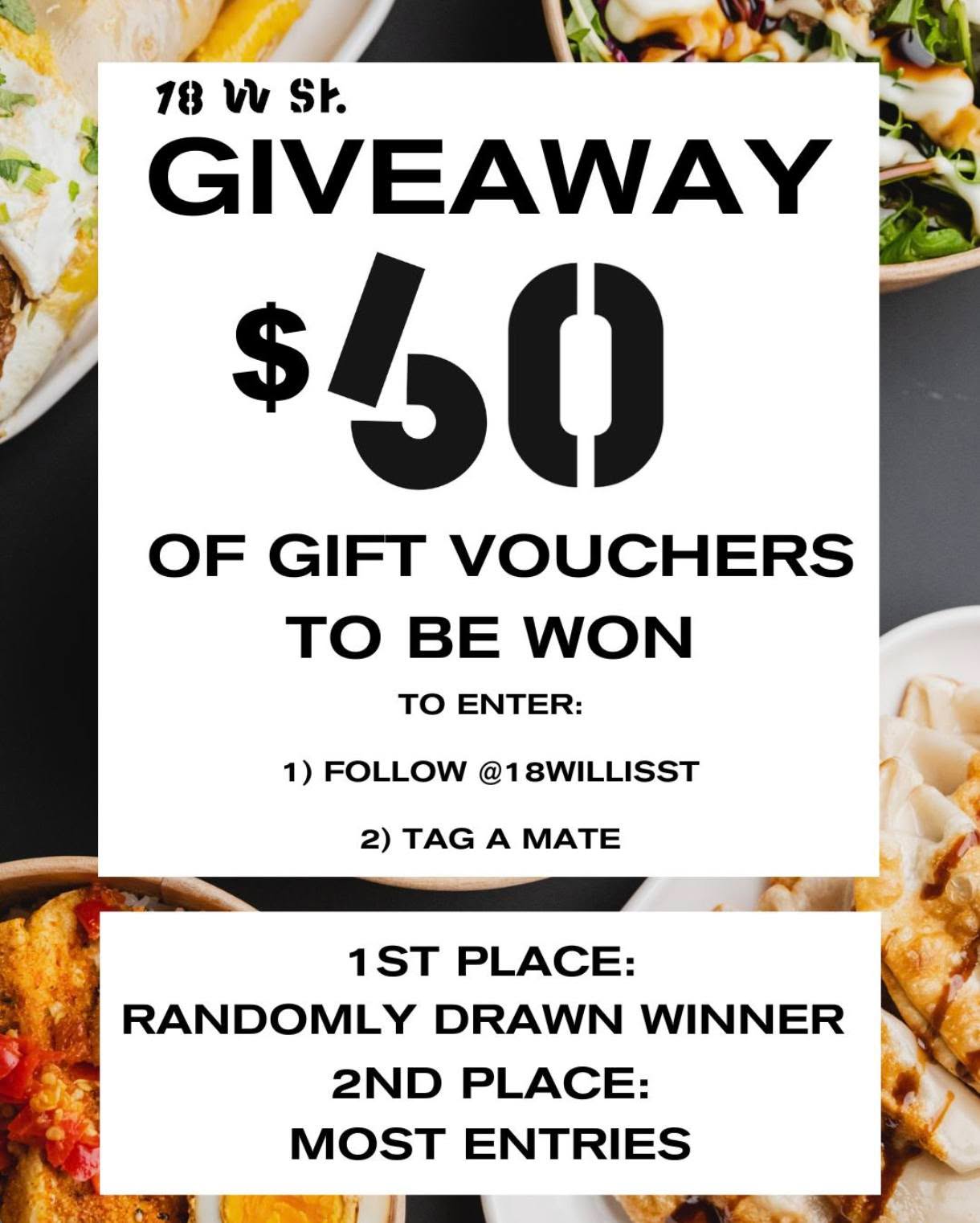 GIVEAWAY TIME 🚨
We’re giving away $60 of 18 Willis St gift vouchers – and you could be one of the lucky winners!
To enter:
1. Like this post
2. Follow @18willisst
2. Tag a mate you’d take out for lunch at 18 Willis St.
1 comment = 1 entry
🥇 1st Place - $40 – Randomly drawn winner
🥈 2nd Place - $10 – Top commenters on IG and FB
Winner drawn on Wednesday 23rd of July.
Disclaimer: This promotion is no way sponsored, endorsed, administered by or associated with Facebook (or Instagram). All giveaways will be run by the official page @18willisst, please be wary of spam accounts impersonating the page and asking for personal information.
Winner will be messaged from our official account @18willisst, Please be wary of spam accounts.
#18WillisSt #WellingtonNZ #Giveaway #WellingtonEats #TagAMate
