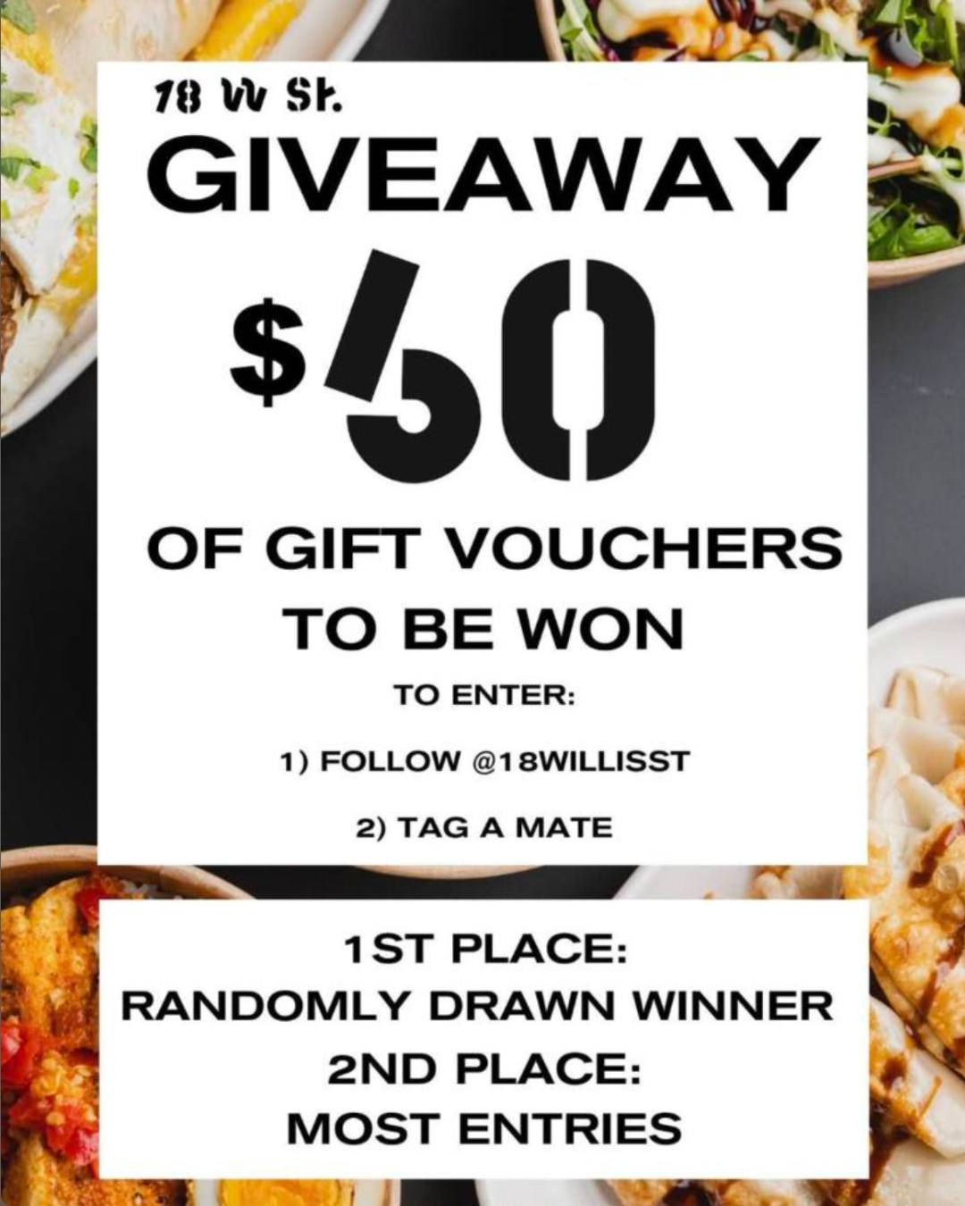 GIVEAWAY TIME 🚨��
We’re giving away $60 of 18 Willis St gift vouchers – and you could be one of the lucky winners!
To enter:��
1. Like this post�
2. Follow @18willisst�
3. Tag a mate you’d take out for lunch at 18 Willis St.��
1 comment = 1 entry��
🥇 1st Place - $40 – Randomly drawn winner�
🥈 2nd Place - $10 – Top commenters on IG and FB��
Winner drawn on Monday 22nd of September.��
Disclaimer: This promotion is no way sponsored, endorsed, administered by or associated with Facebook (or Instagram). 
All giveaways will be run by the official page @18willisst, please be wary of spam accounts impersonating the page and asking for personal information.��
Winner will be messaged from our official account @18willisst, Please be wary of spam accounts.��
#18WillisSt #WellingtonNZ #Giveaway #WellingtonEats #TagAMate