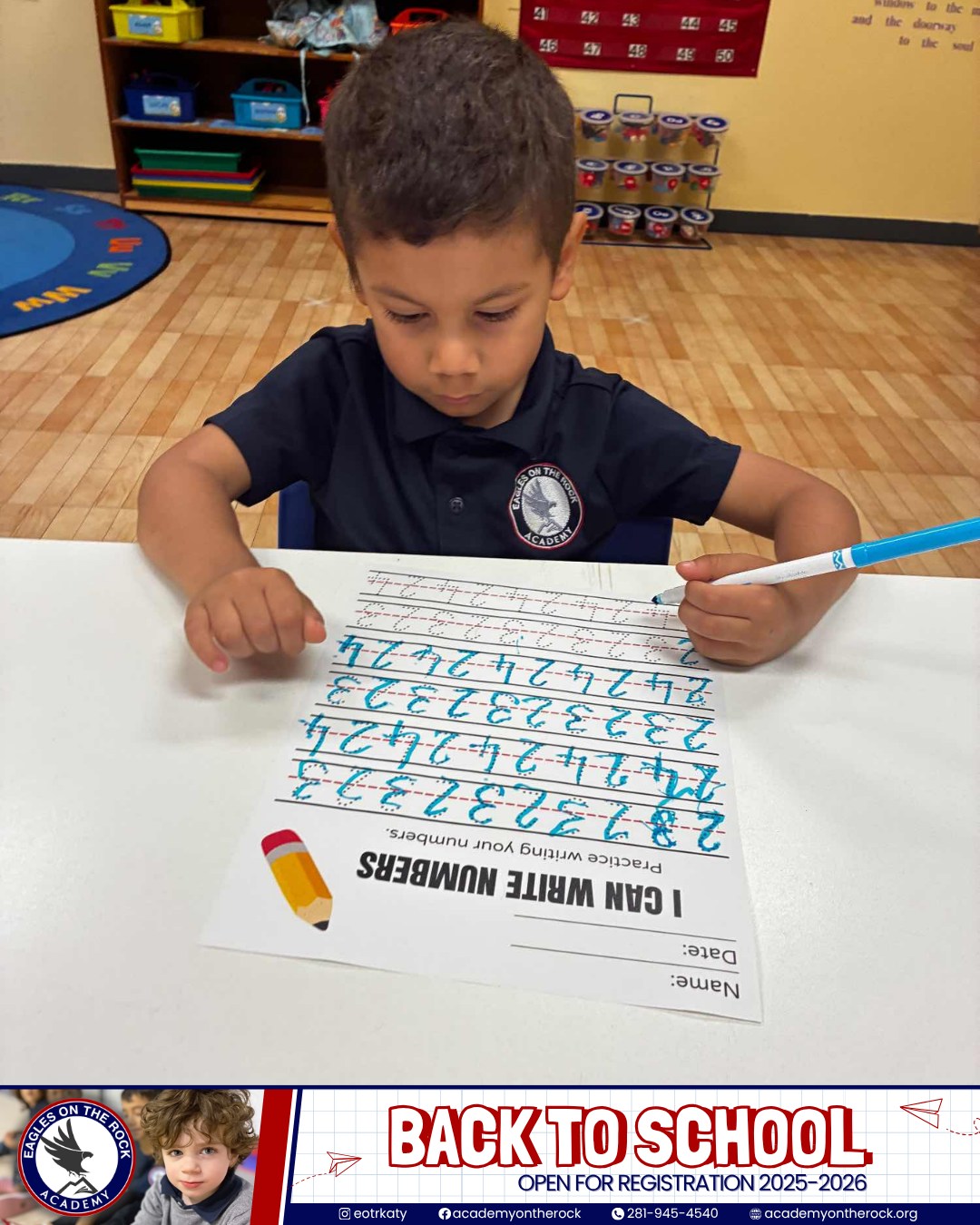 Focused and ready to learn! Our little learner practices writing numbers as we kick off another great school year at Eagles on the Rock Academy🤓🦅