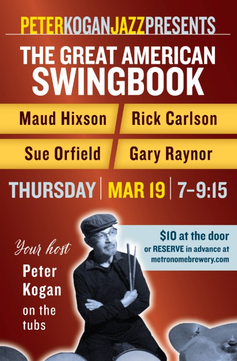Tonight!
Peter Kogan Jazz Presents… The Great American Swingbook
7:00 pm - 9:00 pm
$10 at the door
Peter Kogan Jazz. Every 3rd Thursday at MetroNOME. Tonight – The Great American Songbook featuring Maud Hixson, Rick Carlson, Sue Orfield, and Gary Raynor.
See you tonight!