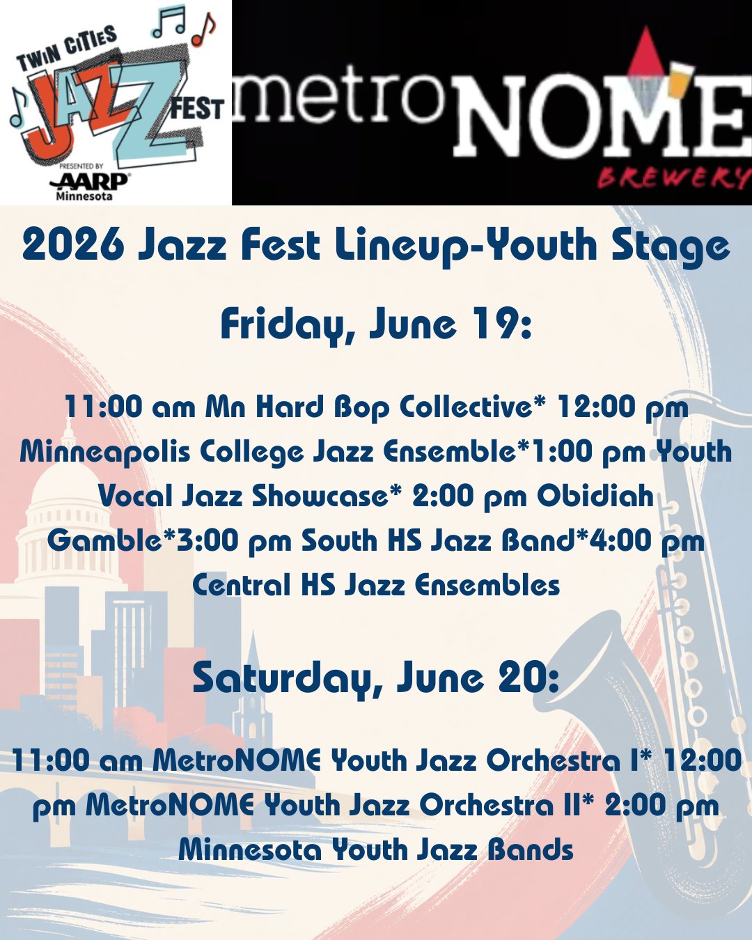Folks! This is a HUGE week, not only for us but for Lowertown. It's JAZZ FEST! Friday, June 19th and Saturday, June 20th.
Please take a look at the overall schedules! So many talented groups coming by both the taproom and Fingal's Cave. We will be featuring these artists throughout the week.
Oh- and did we mention the St. Paul Saints will be home this week? Please stop in before the games Tuesday-Thursday and enjoy $5.00 pints 90 minutes before the first pitch!
So as a recap- make us your home base for the Saint's Games Tuesday-Thursday. Come by our place AND Mears Park for Jazz Fest all damn day and night. CONSIDER taking Metro Transit! It's free rides Jazz fest weekend! Avoid the parking hassles.
Don't forget MN Hard Bop Collective tonight to set the tone!
Have a great week!
#jazzfest2026 #livelocalmusic