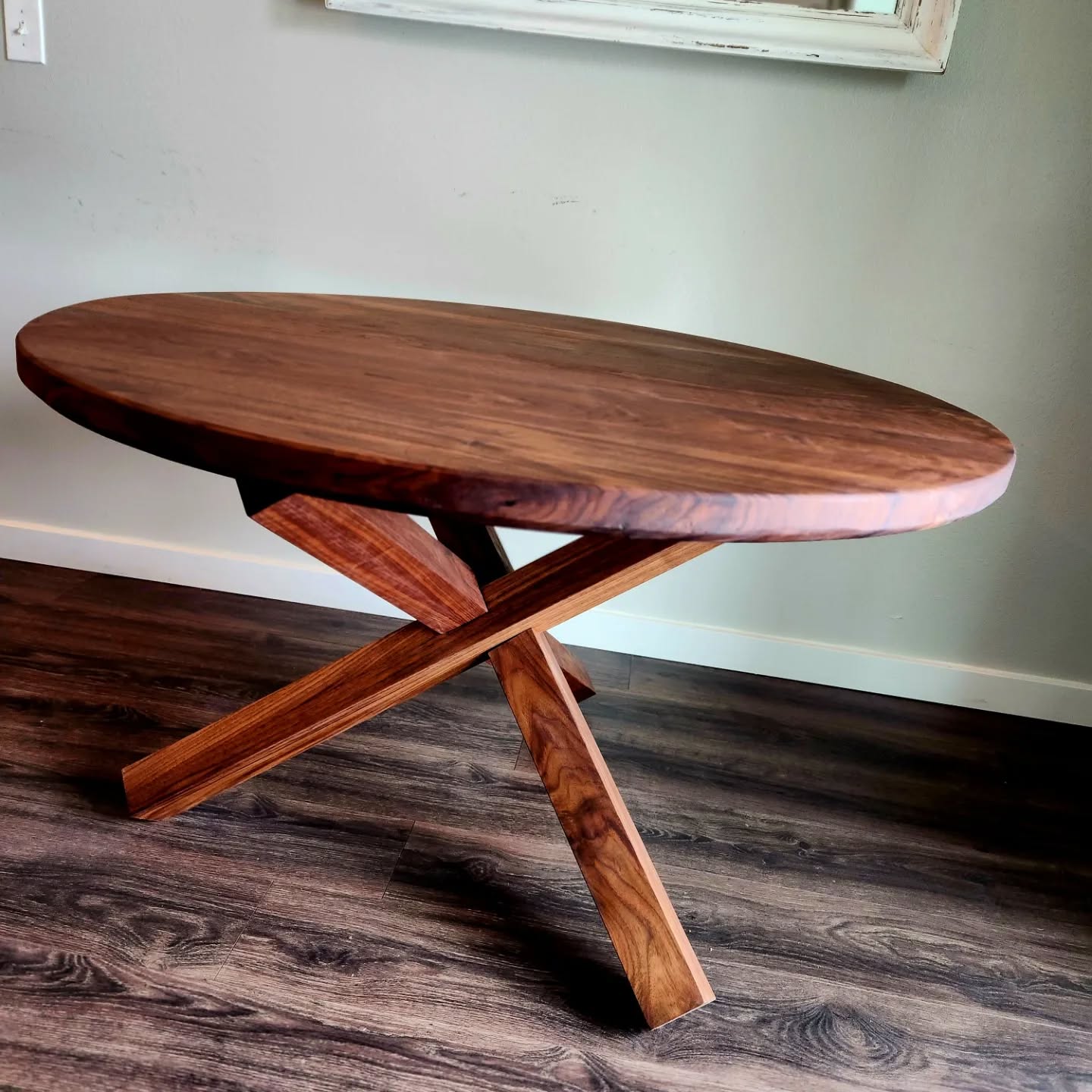 4 ft Black Walnut dining table! 
First of many dining tables and other household furniture to come as I look to transition my focus away from cutting boards and charcuterie boards. While this doesn't mean I'm done making those items,  I'm just looking to expand my business and products available to everyone. I'm very excited to see what the future holds for our small business!!
Currently available for sale! Willing to explore shipping if necessary. While the base has a fun and complex look, it is easy to assemble. Video to come in the next few days of how to put it all together. Message for details if you are interested!! As always please share and if you know anyone looking for a new table, send them my way!! 
#smallbusiness #woodworking #woodpreneur #customdiningtable #custom #veteranowned #blackwalnut #idaho #buyidaho #diningtable #customfurniture #kitchendesign
