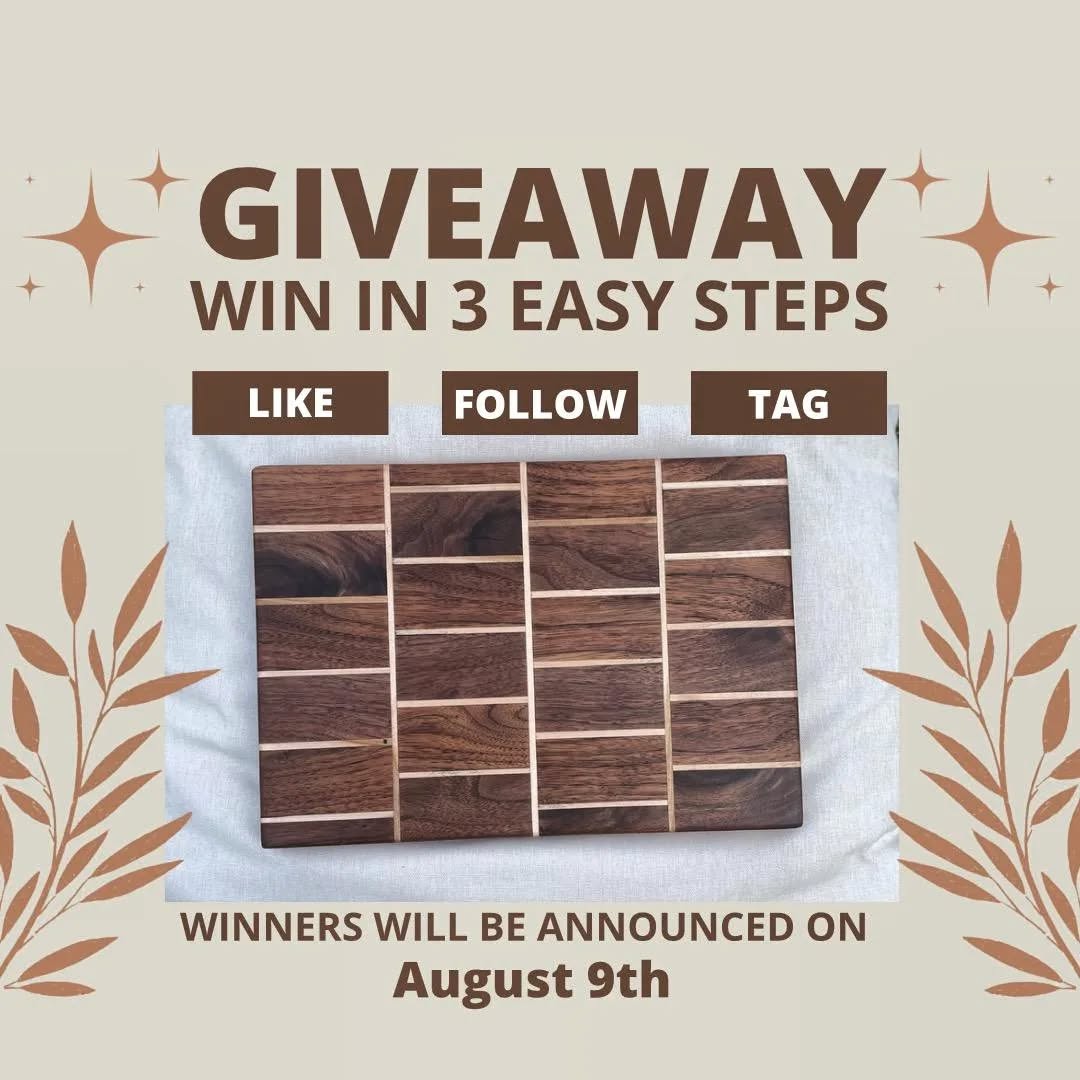 GIVEAWAY!
For starters, I want to thank everyone who has followed me on this journey. This small business started as a pipe dream then became a reality, and y’all don't know how much a simple like/comment/tag motivates me. Your support, financial or not, means a lot to me as I continue honing my passion for woodworking. 
So to show my appreciation, I am giving away this cutting board!! 
Steps to enter:
-follow the oak+timber IG page
-like this post 
-tag someone in the comments of this post
 
THAT'S IT!! The winner will be announced on Wednesday, August 9th!! If you win, I will be in contact with you via DM to get your shipping address or coordinate a pick up/drop off. 
#giveaway #veteranowned #smallbusiness #woodworking #supportsmallbusiness #supportlocal #boise #idaho