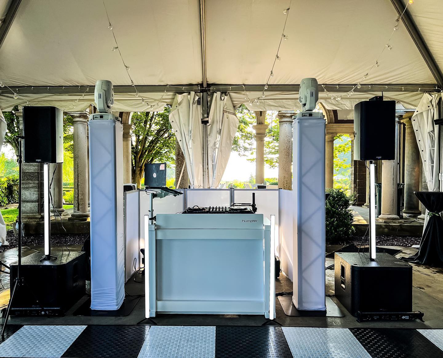 Loving the new @humpter_dj  DJ booth. 
Cleaning up and speeding up my setup for weddings and many other events alike. 
Unique setup with multiple rooms. Shout out to @skaasound for the tech to make wireless audio happen. 
⬜️ - @humpter_dj 
🔊- @qscaudio 
💡- @chauvet_dj 
🔦- @teke.io 
🎛️- @pioneerdjusa 
💿- @rekordbox.dj 
#dj #humpterb3 #humpter #DJBooth #teke #WeddingDJ #Weddingsetup #whitewedding #wmx1 #qsc #chauvetdj #adj #CT #EoliaMansion #harknessmemorialstatepark