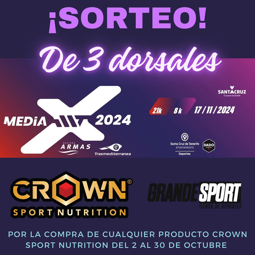 🎟️ Aún no estás inscrito en la @maratontenerife ?
👉 Pues te lo ponemos muy fácil. 
🔴 𝙎𝙊𝙍𝙏𝙀𝘼𝙈𝙊𝙎 3 Dorsales para La Media Maratón de Tenerife válidos para cualquiera de sus dos distancias (21K - 8K). 
🧾 Por la compra de cualquier producto @crownsportnutrition en nuestra tienda del 2 al 30 de Octubre, entrarás directamente en el sorteo de dichos dorsales. 
⚠️ Se sacarán tres papeletas ganadoras y dos suplentes el día 31 de Octubre. 
#mediamaratondetenerife #mediamaraton #crownsportnutrition #running #runningmotivation #runningcanarias #runningtenerife