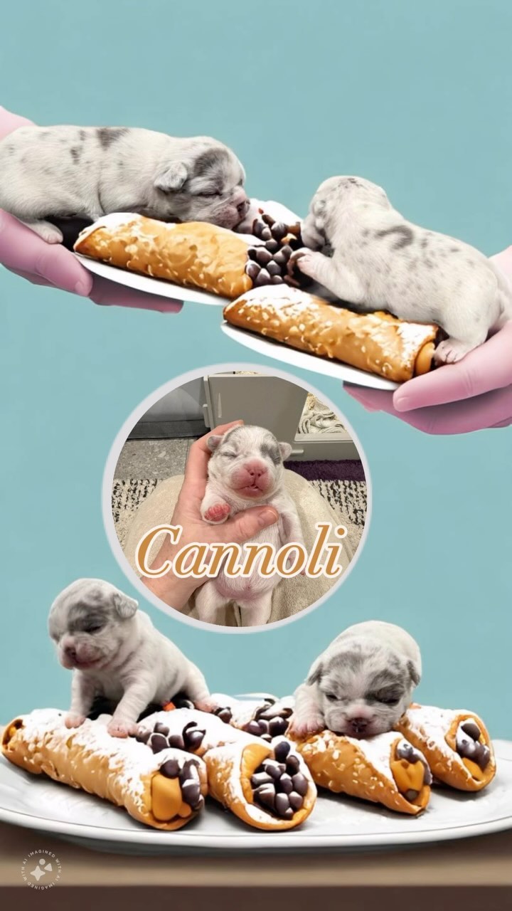 Our 2024 Italy Litter 🇮🇹💚🤍❤️
Cannoli - Lilac & Tan Merle female 💜
Truffle - Chocolate Fawn Merle female 🤎
Meatball - Blue & Tan Merle male 🖤
Rigatoni - Lilac & Tan Pied male 🩶
*DNA has confirmed their colors. All carry the L/l4 gene (long hair gene) 🥰 
 #Junebugfrenchies #2024ItalyLitter #Truffle #Cannoli #Meatball #Rigatoni #frenchie #frenchbulldog #frenchbulldogpuppy #frenchiepuppy #frenchielife #frenchielove #merlefrenchie #lilacandtanmerlefrenchie #chocolatefawnmerlefrenchie #blueandtanmerlepiedfrenchie #blueandtanmerlefrenchie #lilacfawnmerlefrenchie #chocolatemerlefrenchie
#akcfrenchbulldog #akcfrenchie #orlandofrenchies #baldwinparkfl  #winterparkfl #windermerefl