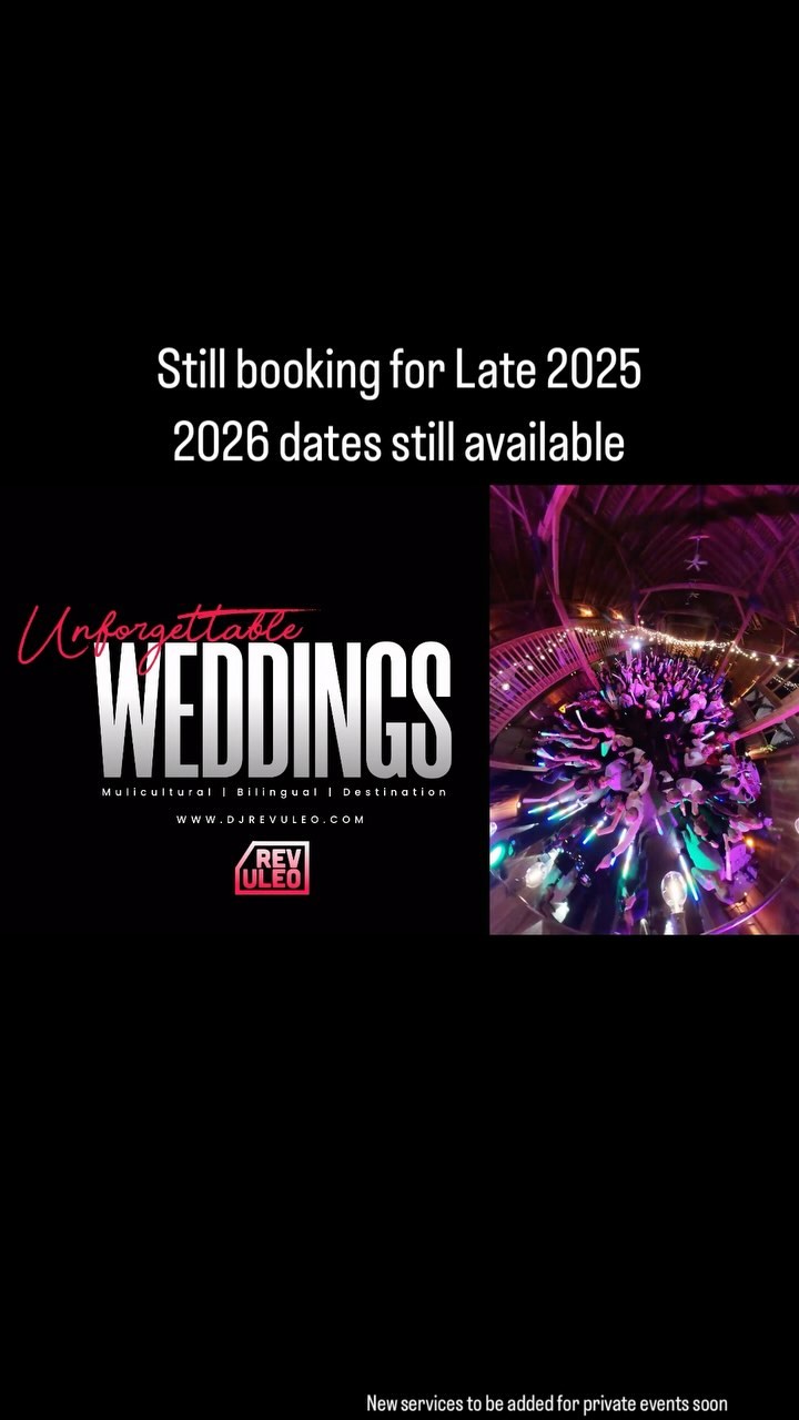 Offering our services for all your Music and Photobooth needs at your event. 
Still have Limited dates available for 2025 and more dates available for 2026. 
Reach out to us at www.djrevuleo.com for more information or inquiries