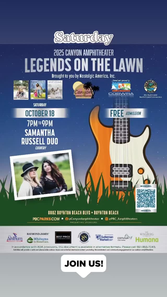Enjoy a night of upbeat country sounds with the Samantha Russell Duo. Perfect for dancing under the stars with friends and family.
📍 Canyon Amphitheater – 8802 Boynton Beach Blvd
🎟 Free Admission | Lawn chairs & blankets welcome.
- October 18, 2025: Samantha Russell Duo (Country)
#sammieandskiba #livemusic #samantharussellduo #welcometotheweekend #weekendvibes #boyntonbeach #canyonamphitheater