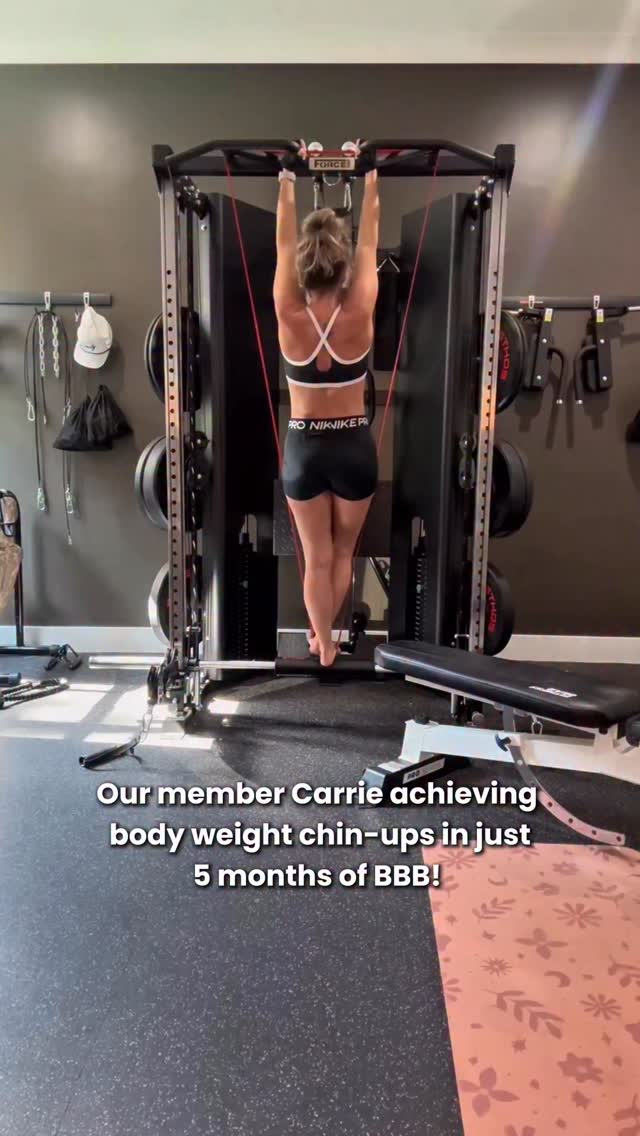 Amazing progress from our member @carrie.m.williams achieving bodyweight chin-ups in less than 5 months of Booty by Bret!