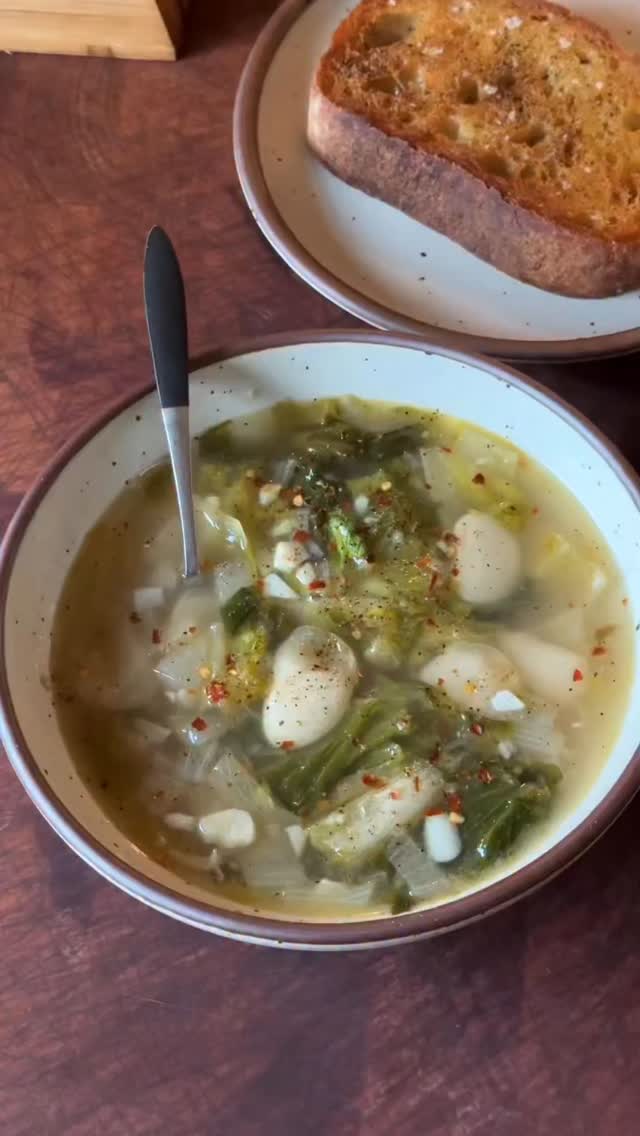 We make escarole and white bean soup often and pretty much never use a recipe. In this version, I amp up the umami with anchovies, but if little fishies don’t do it for you, substitute a couple of Parmesan rinds or even a few tablespoons of miso.
Olive oil-fried toast has become a regular soup sidekick for us, especially for brothy soups like this.