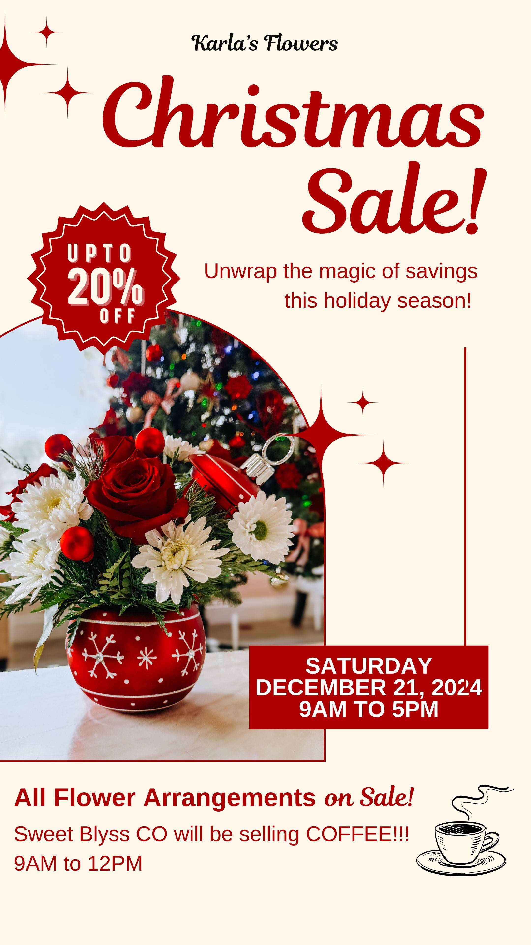 🎄✨ Christmas Magic is in the Air! ✨🎄
Mark your calendars for Saturday, December 21st because Karla’s Flowers is hosting a Christmas Sale you won’t want to miss! 🎅🏼
🎁 Enjoy up to 20% OFF All Flower Arrangements—perfect to brighten your home or gift to someone special this season.
☕️ PLUS, the amazing @sweetblyss_ will be there serving up delicious coffee from 9 AM to 12 PM. Come for the flowers, stay for the cozy vibes and coffee magic!
📍 9 AM - 5 PM | Stop by, sip, shop, and spread the holiday cheer!
Tag your friends and let’s celebrate the season together! 🎄❤️
#ChristmasSale #HolidayFlowers #KarlasFlowers #SweetBlyssCO #ShopLocal #HolidayMagic #ChristmasTime #FlowerShopSale #LocalFlowerShop #ColtonFlowerShop