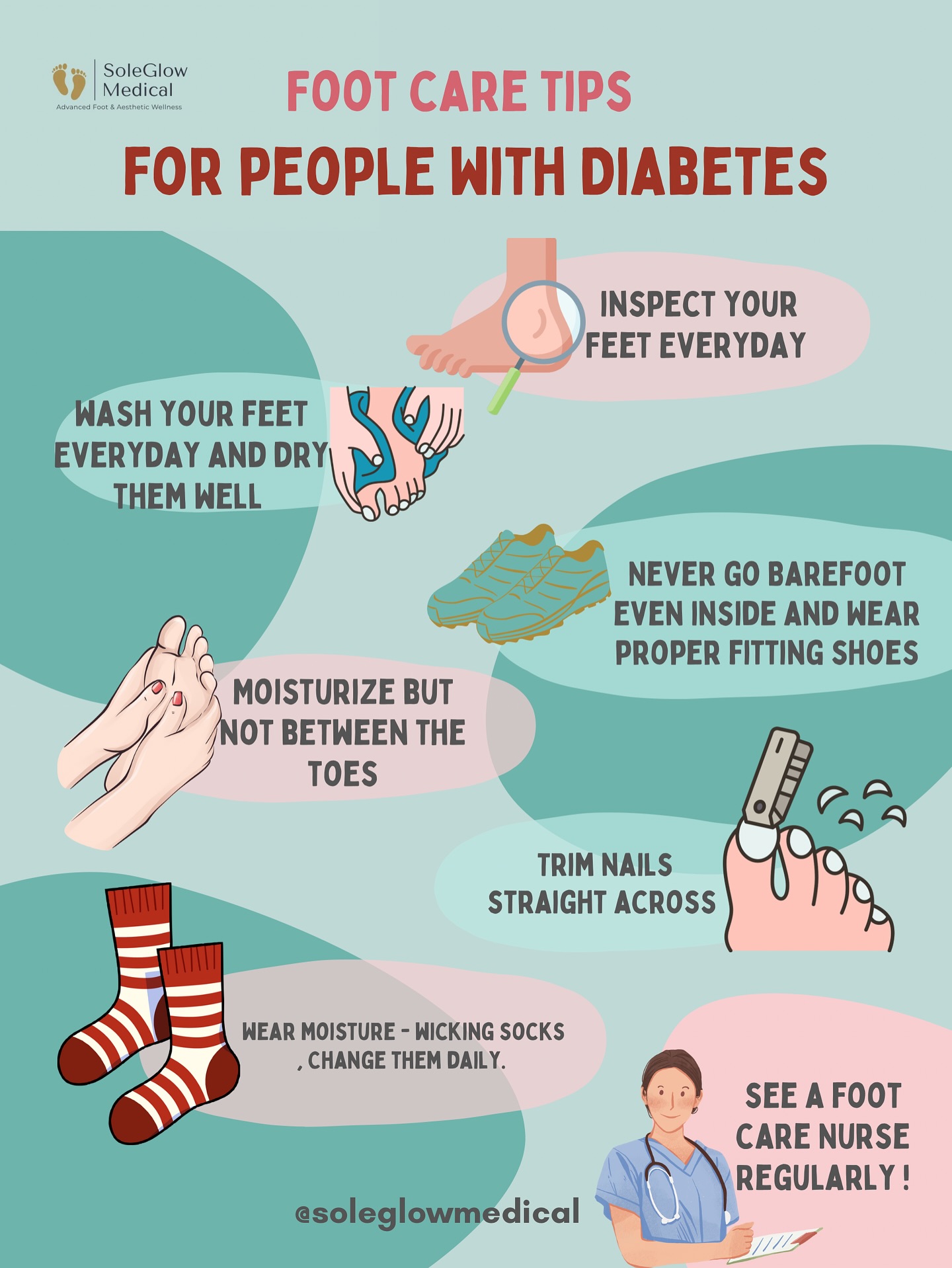Diabetic Foot Care: Must-Know Tips 👣
If you’re living with diabetes, your feet need daily care—minor problems can turn serious quickly due to reduced circulation and sensation. Here’s how to stay a step ahead:
1️⃣ Check your feet daily – Use a mirror or your phone to look for cuts, blisters, swelling, or redness—even if nothing hurts.
2️⃣ Wash & dry carefully – Use lukewarm water, mild soap, and always dry thoroughly—especially between your toes.
3️⃣ Moisturize (but not between the toes!) – Keeps skin soft and prevents cracks, but avoid moisturizing between toes to reduce infection risk.
4️⃣ Trim toenails straight across – This helps prevent ingrown nails. Don’t cut too short.
5️⃣ Wear well-fitting shoes – Skip barefoot walking—even indoors. Choose shoes that protect and support your feet.
6️⃣ Keep feet warm and dry – Wear clean socks daily. Use warm socks instead of hot water bottles (they can burn sensitive feet!).
7️⃣ See a foot care nurse regularly – For professional nail care, callus removal, and early detection of issues.
✨ Small steps make a big difference. Prioritizing foot care can prevent ulcers, infections—even amputations.
👩⚕️ SoleGlow Medical Inc. offers mobile diabetic foot care in Edmonton—so you can stay safe and healthy in the comfort of your home.
📲 Call or text: 780-655-5084
🌐 www.soleglowmedical.com
#DiabeticFootCare #FootHealthMatters #SoleGlowMedical #MobileFootCare #HealthyFeetHappyLife #EdmontonNurse #DiabetesAwareness #FootCareTips #FootCareNurse