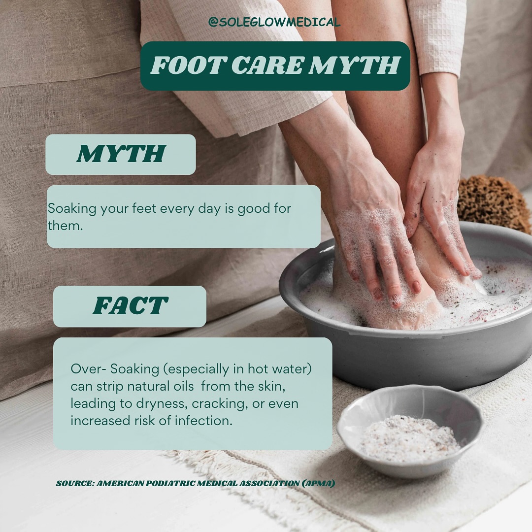 Daily foot soaks aren’t always a treat! 🚫
Did you know that soaking your feet every day can actually harm your skin?
While it might feel relaxing, doing it too often — especially with hot water — can lead to dry, cracked skin, fungal infections, and even ingrown toenails. 
1.	Skin Barrier Health:
“Prolonged soaking disrupts the skin barrier, leading to trans-epidermal water loss and skin irritation.”
– Journal of Clinical and Aesthetic Dermatology, 2012
	2.	Diabetic Foot Care Guidelines:
“Routine foot soaking is discouraged in individuals with diabetes due to risk of maceration and infection.”
– Canadian Diabetes Association Clinical Practice Guidelines
	3.	Nail Softening Risks:
“Overly softened nails are more prone to improper trimming, trauma, and ingrowth.”
– NHS UK, Foot Health Recommendation.  What You Should Do Instead:
	•	Soak only 2–3 times a week (unless advised otherwise)
	•	Use lukewarm water (not hot!)
	•	Avoid harsh soaps or chemicals
	•	Always dry between the toes
	•	Moisturize after — but skip the area between the toes
Your feet work hard — they deserve smart care, not just self-care. 👣✨
For professional, gentle foot care tailored to you:
📧 info@soleglowmedical.com
📞 780-655-5084
SoleGlow Medical Inc. — Helping you keep your feet healthy and happy!