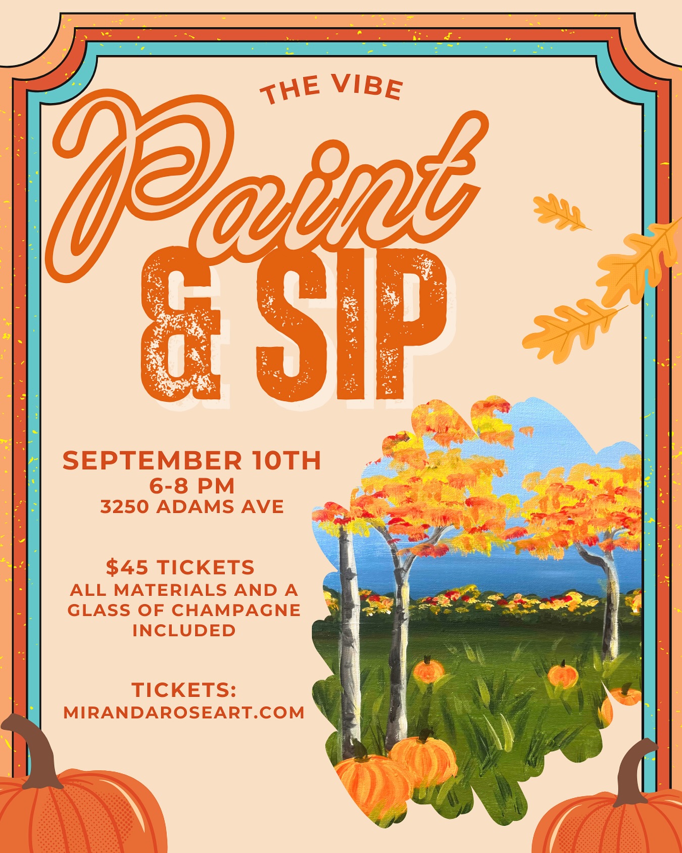 Join us for a pumpkin patch paint and sip at @the_vibe_co 🎃🍂
Learn the fundamentals of acrylic painting with the help of instructor @artbymirandarose! A glass of champagne is included in the ticket price 🎨
Let’s toast to good vibes and a good time 🥂
Tickets available at www.mirandaroseart.com or in @artbymirandarose bio 🎟️
#fallpainting #fallevents #paintandsip #sandiegoevents #normalheights #adamsavenue