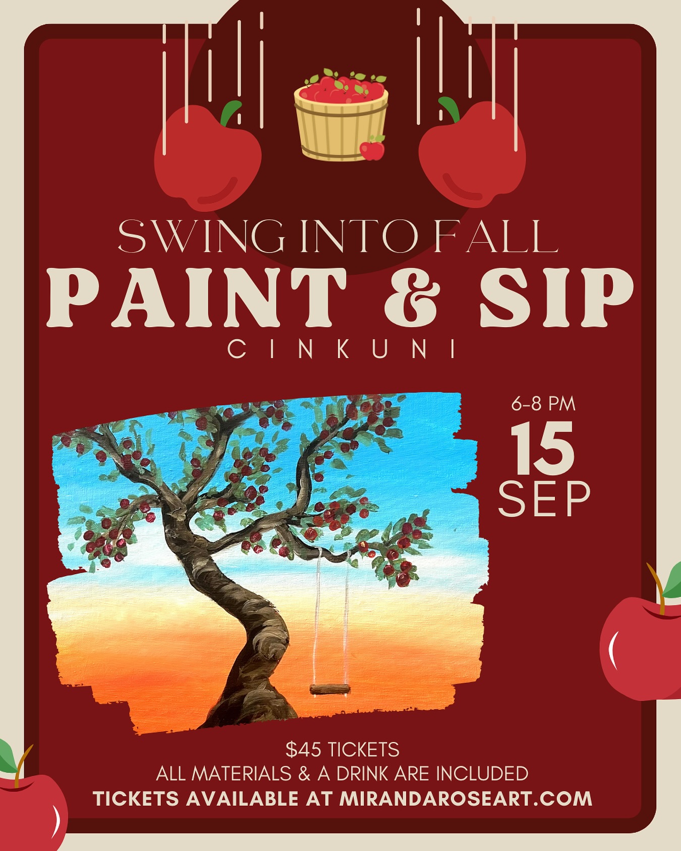 Swing into fall at @cinkuni with a new paint & sip event! Learn to recreate this unique, fall inspired painting with the help of instructor @artbymirandarose 🎨
Details:
-September 15, 6-8pm
-All materials provided
-All ages welcome
-$45 tickets with a glass of wine or non-alcoholic beverage included
-2 hour guided instruction
Reserve your easel today! www.mirandaroseart.com 🎟️
#sandiegoevents #sandiegopainting #paintnight #sipandpaint #girlsnight #fall