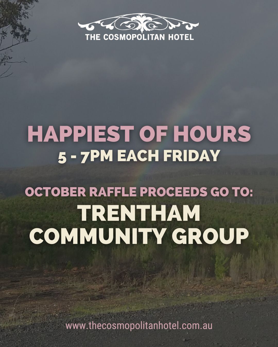 Trentham Community Group provides a platform to keep the town connected. We’re thrilled to have them host Friday Night Meat Tray Raffles in October.
Pop down from 5-7pm each Friday, grab a ticket and some Happy Hour drinks and get behind this wonderful local group!
.
.
.
.
.
#trentham3458 #trenthamvictoria #trentham #hepburnshire #daylesfordmacedonlife #macedonranges #cosmotrentham #thecosmopolitanhotel #countrypub #pub #onehourout #onehouroutofmelbourne #melbournefoodie #macedonrangesfoodie #daylesfordmacedonlife #localwines #localproduce #publife #regionalwines #localingredients #macedonrangeswine #localfood #localpeople #localcommunity