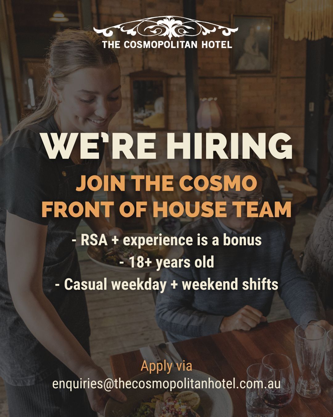 The Cosmo Front of House team is looking for a new recruit. The successful applicant will be joining a tight knit team who love nothing more than providing warm hospitality to our fabulous patrons.
-RSA + experience are a bonus, but not essential
-Great attitude and availability are a must
-Must be 18+ years old
-Casual weekday and weekend shifts are available
If this sounds like you or someone that you know, get in touch with a cover letter and resume via enquiries@thecosmopolitanhotel.com.au, or pop in and talk to us in person.
.
.
.
.
#trentham #hepburnshire #daylesfordmacedonlife #macedonranges #cosmotrentham #thecosmopolitanhotel #onehourout #onehouroutofmelbourne #melbournefoodie #daylesfordmacedonlife #macedonrangeswine #countryvictoria #regionalvictoria #visitmacedonranges #visitvictoria