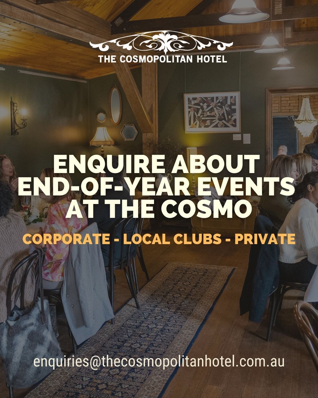 Book a wing of The Cosmo just for you and your VIP guest list this festive season. Get in touch to discuss our spaces' availability and let us host a celebration to remember.
enquiries@thecosmopolitanhotel.com.au
.
.
.
.
.
#trentham #hepburnshire #daylesfordmacedonlife #macedonranges #cosmotrentham #thecosmopolitanhotel #onehourout #onehouroutofmelbourne #melbournefoodie #daylesfordmacedonlife #macedonrangeswine #countryvictoria #regionalvictoria #visitmacedonranges #visitvictoria