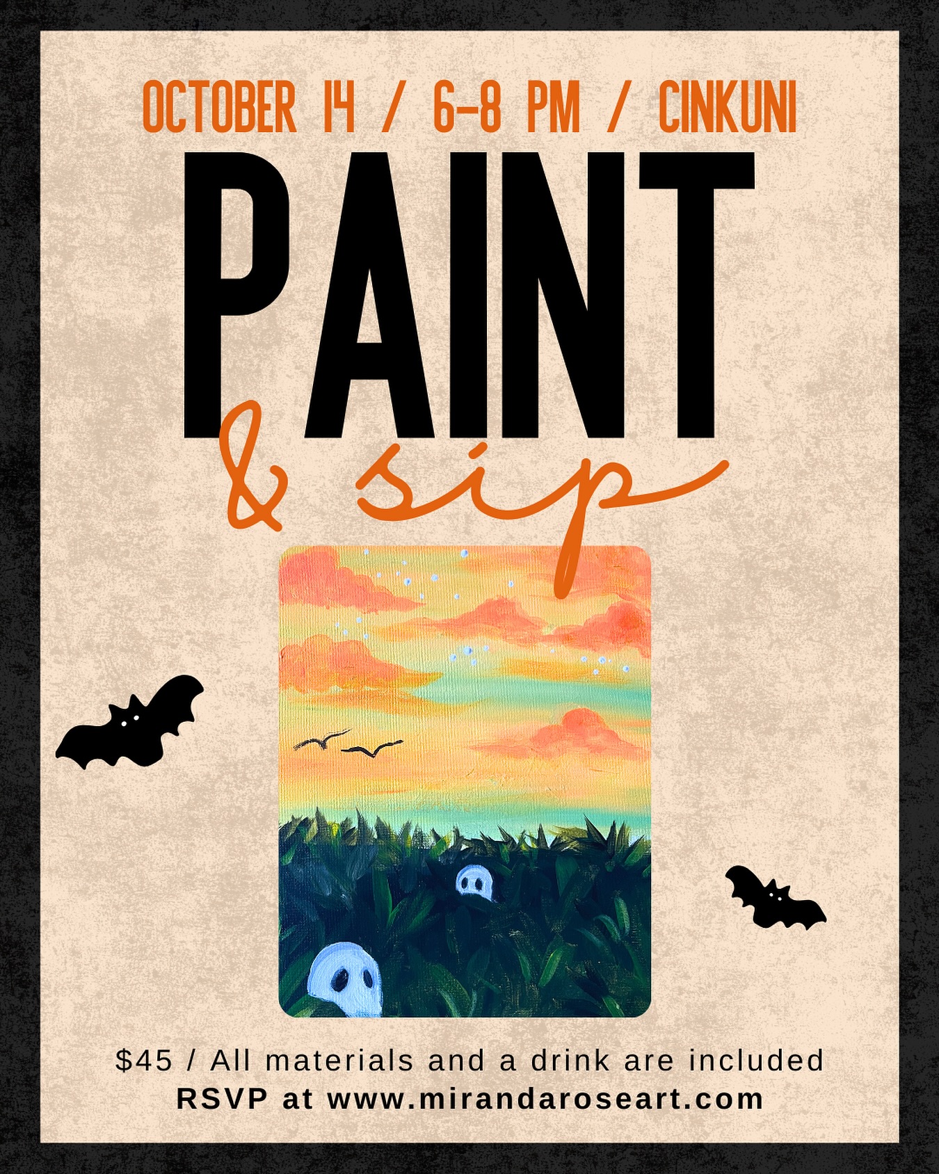We’re bringing back this ghostly paint night at @cinkuni 👻🎨 Join us next week on October 14th to paint, sip and create. Tickets include all materials, a drink, and guided instruction.
Reserve your easel at www.mirandaroseart.com 🎟️
#cinkuni #northpark #explorenorthpark #paintnight #eventsandiego