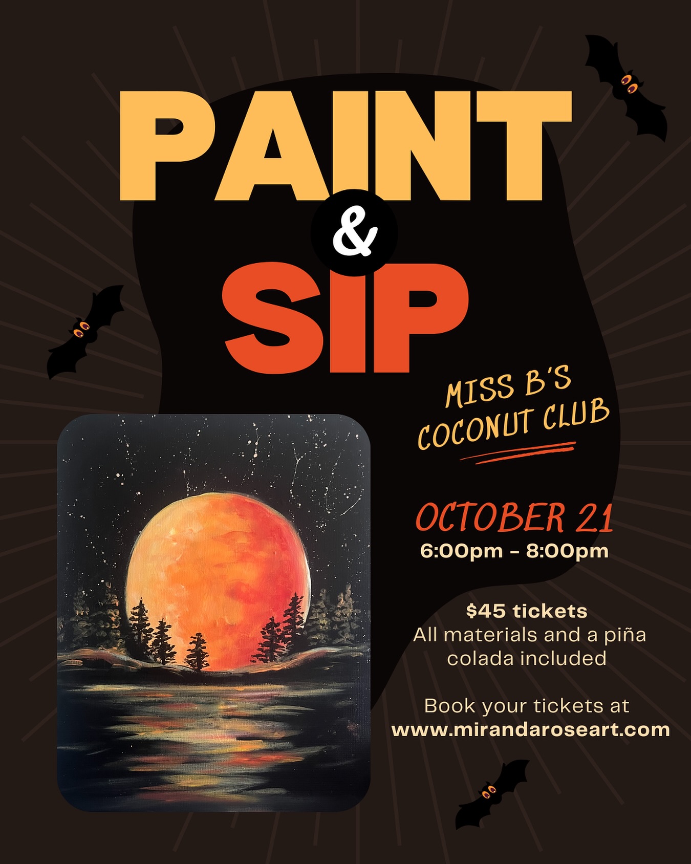 Join us for a harvest moon paint night at @missbcoconutclub 🌕. Book your seats for this 2 hour, fully guided paint class let by instructor @artbymirandarose 🎨
All materials are provided as well as a welcome piña colada 🥥✨
Tickets can be purchased at www.mirandaroseart.com
#missionbeach #paintnight #pbsandiego #sandiegoevents #halloweensandiego #coconutclub #pbevents #paintandsipsandiego