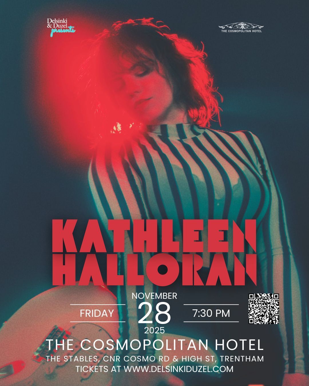 Join us in welcoming Kathleen Halloran (@kathleen .halloran.music) to The Stables stage, at The Cosmo.
Educated on the stage alongside Australia’s biggest names, guitarist for the stars Kathleen Halloran is now stepping out of the shade into her own spotlight.
Currently supporting Ash Grunwald while balancing an always-demanding schedule of live and session performances, including Jon Stevens' and Kate Ceberano’s sold out “Superstars Live” national tour, Kathleen is a familiar name to the Australian contemporary music landscape. Widely known for her swaggering guitar mastery and effervescent, bright onstage expressions.
She’s shared the stage with the likes of Kate Ceberano, Jon Stevens, Katie Noonan, Felix Riebl (The Cat Empire), Mahalia Barnes, Ricki-Lee and Tania Doko to name a few. An artist that “whole heartedly delivers with conviction so strong you’re lost in each moment” now commences her journey from virtuosic side-woman to solo artist.
'I am always keeping my ear out for players that transport me...Kathleen is one of those rare finds.” - Darren Middleton, Powderfinger
With the irresistible spirit and electrifying fretboard flare that as the industry talking, get ready to witness Kathleen Halloran take flight. Her debut single ‘Free with me’ is infectious, with soaring melodies, youthful freshness and an evocation of heritage Australian rock. Available on all streaming platforms NOV 29th.
On lead vocals as well as her signature blues-drenched guitar, the track is engineered by some of the country’s finest technicians - Ben Edgar (Gotye, Angus and Julia Stone, Matt Corby) and produced by Ross Irwin (Bamboos, Cat Empire, Paul Kelly). ‘Free with Me’ is going to solidly establish Kathleen front and centre as one of the country’s brightest new musical stars, not only as one of the most sought-after rhythm players, but as an entertainer and musical leader.
‘A true, modern day artist with captivating stories to tell’ - Tania Doko
Date: Friday, 28th November 2025
Doors: 7:30pm - Showtime: 8:00pm
Ticket Price: $40
Pre-show dinner bookings are welcome via The Cosmo website.