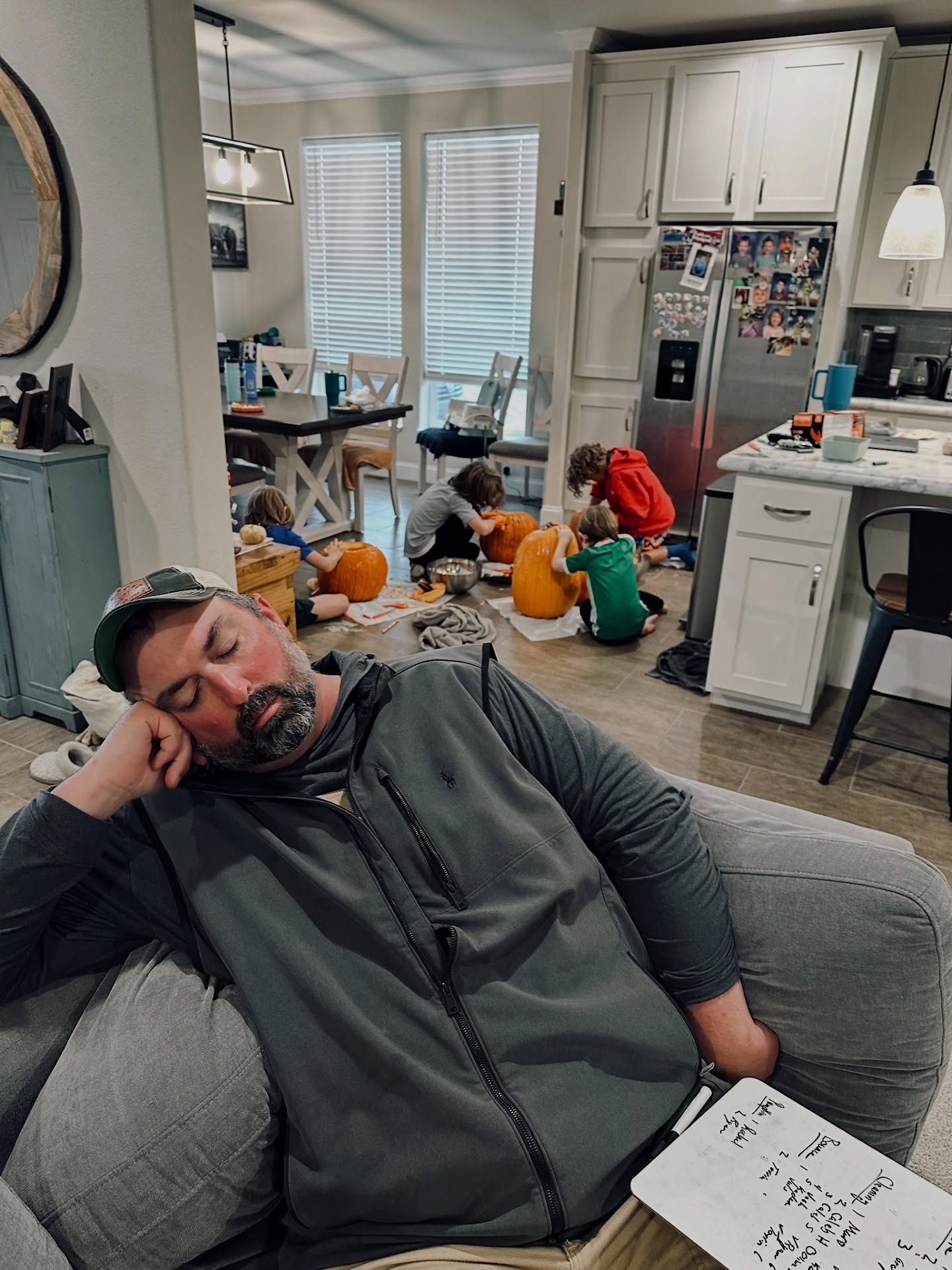 The annual Timm Family pumpkin carving party was a huge success!!! Pumpkins were carved, snacks were eaten, and Farmer Justin… took a nap. Classic. 🎃