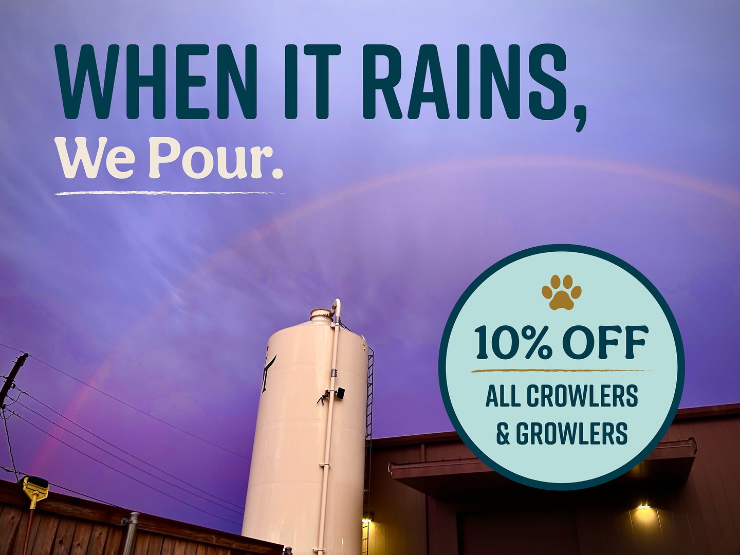 When it rains, we pour — and today, you save. ☔🍻
Get 10% off crowlers and growlers all day long at Southern Tail! 🌈
