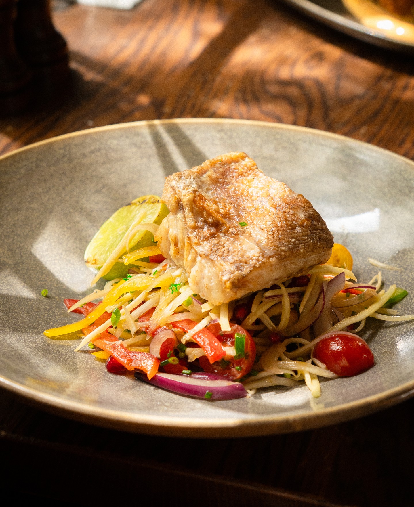 Grilled rockling, green mango and papaya salad, capsicum, cherry tomatoes, kaffir lime and coconut sauce. A light and fresh addition to the new seasonal menu.
.
.
.
.
#trentham #hepburnshire #daylesfordmacedonlife #macedonranges #cosmotrentham #thecosmopolitanhotel #onehourout #onehouroutofmelbourne #melbournefoodie #daylesfordmacedonlife #macedonrangeswine #countryvictoria #regionalvictoria #visitmacedonranges #visitvictoria