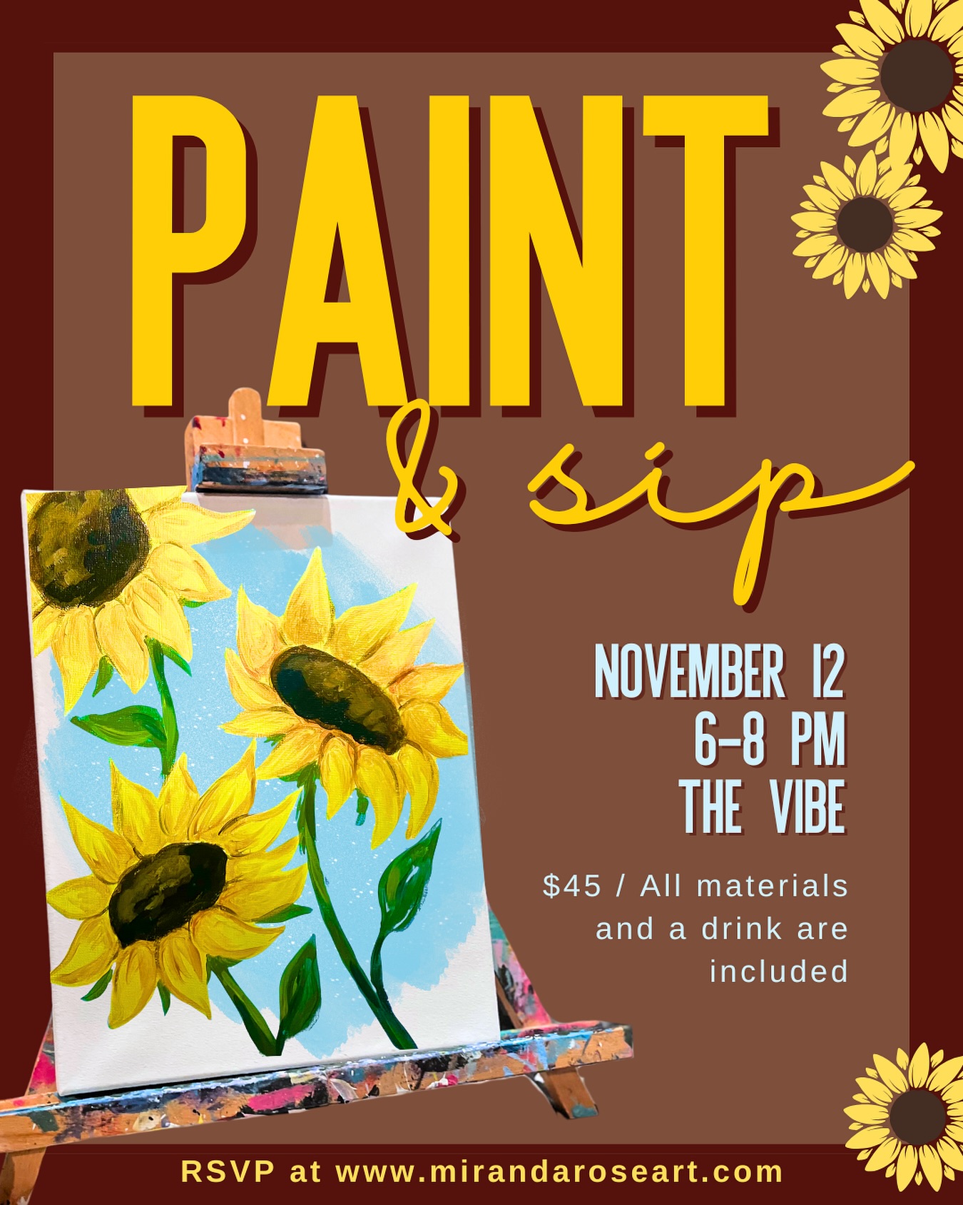 The sunflower paint and sip is coming up at @the_vibe_co 🌻
Grab your tickets now for this instructor guided paint class led by @artbymirandarose. You’ll learn the fundamentals of acrylic painting while creating your own masterpiece to take home.
A glass of champagne is included in the ticket price. Let’s toast to good vibes and a good time! 🥂
#sandiegoevents #paintandsip #adamsave #girlsnightout