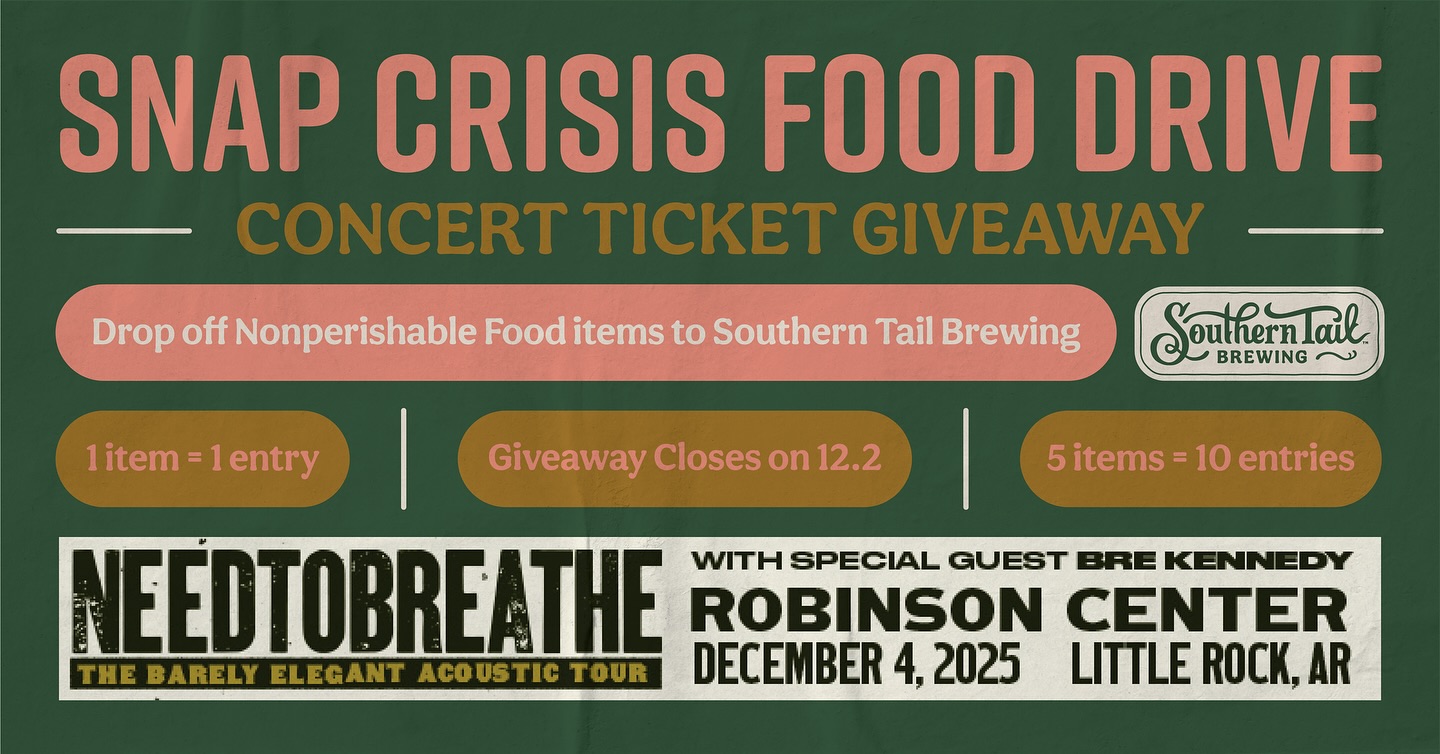 Feed a neighbor. Win your next night out. ❤️
Drop off nonperishable food items at Southern Tail Brewing now through December 2 to support local families affected by the SNAP benefit cuts — and you’ll be entered to win a ticket to Needtobreathe at Robinson Center on December 4! 🎟
1 item = 1 entry
5+ items = 10 entries