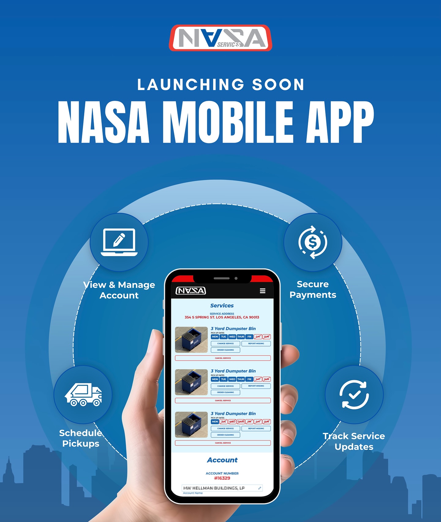 COMING SOON: The NASA Mobile App 📱Your all-in-one hub to pay bills, order and schedule short-term rentals, and receive real-time service updates.
Simpler, faster, smarter service - built for you. Stay tuned for the official launch. 🚀
♻️ NASA Services
📞 888-888-0388
💻 nasaservices.com
#NASAservices #beanagentforchange #downtownla #throughservicewegrow
#DTLA #compost #composting #wasteindustry #waste
#recycle #recycling #trashtruck #landfill #safetyfirst #lacounty
#recycLA #RecycleRight #realestate #commercialproperties
#ecofriendly