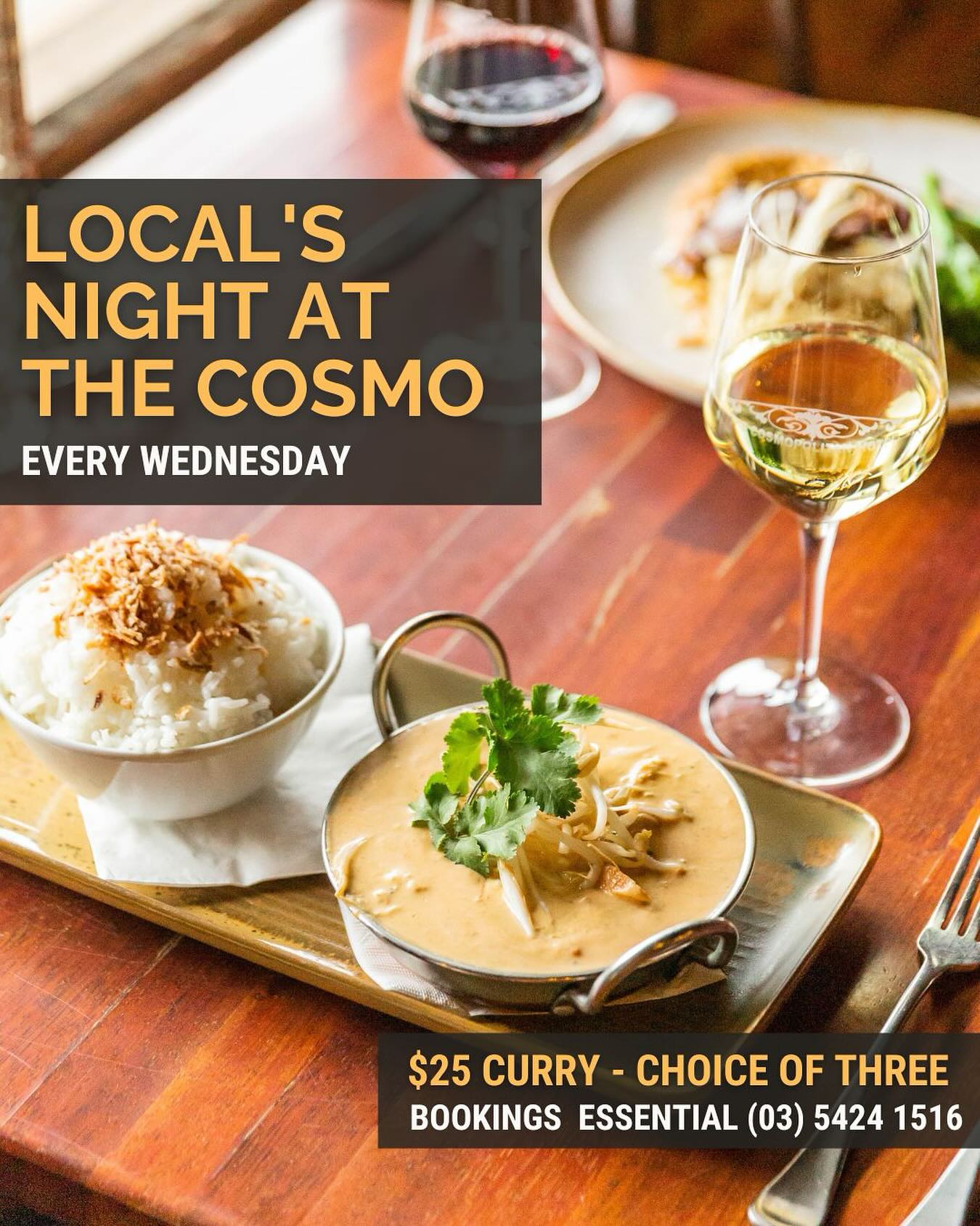 Tonight, by popular demand..our chicken, coconut +lemongrass curry.
$25 dine in - $18 takeaway
Vegan option available