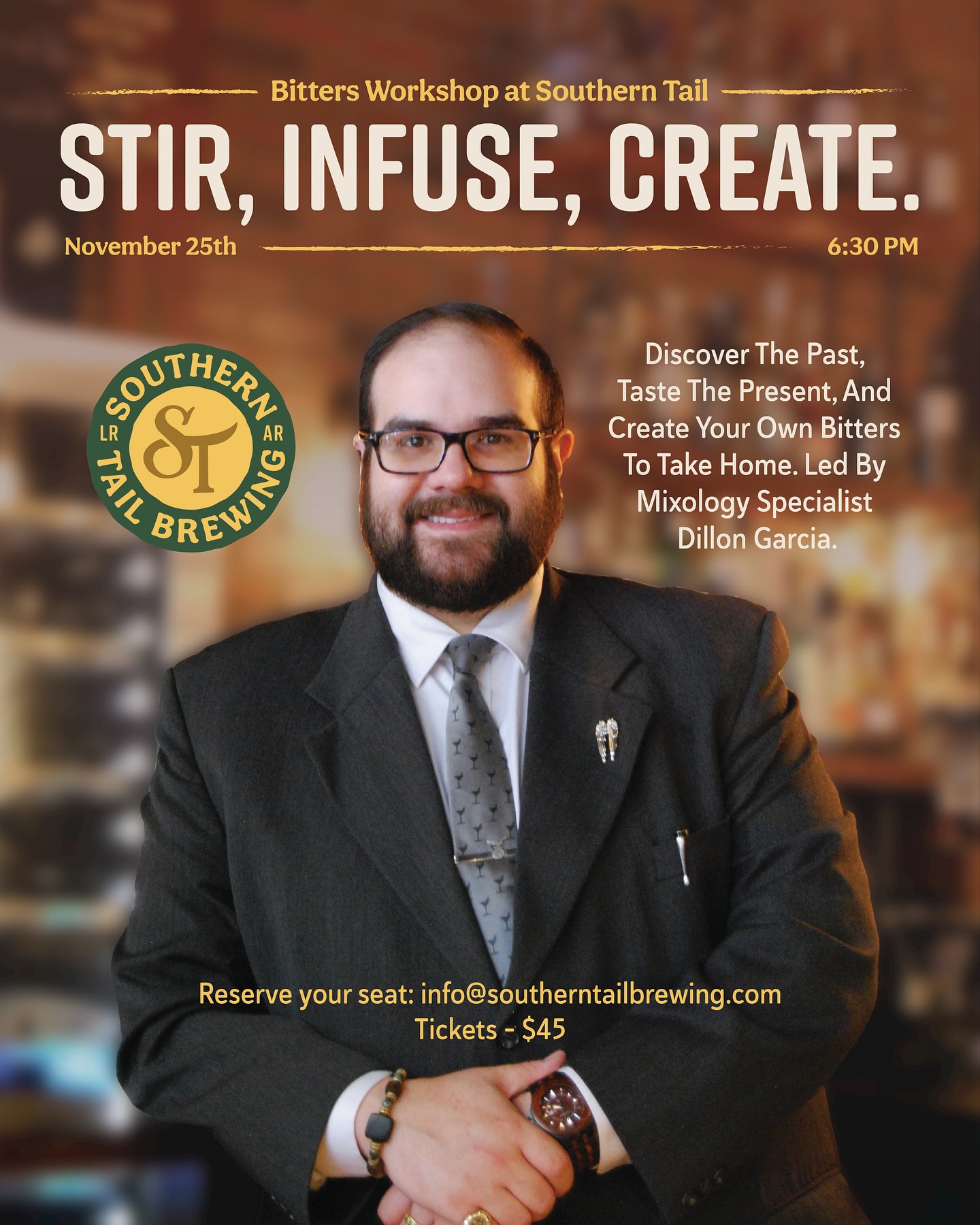 Unlock the world of bitters with a hands-on cocktail class at Southern Tail. 🍸
Join Dillon Garcia on November 25th for an immersive workshop where you’ll learn the history, explore unique botanicals, and craft your own bitters to take home.
📍Southern Tail Brewing
🗓️ November 25th
⏰ 6:30 PM
🎟️ Tickets: $45
📧 Reserve your spot: info@southerntailbrewing.com
#cocktailclass #mixologyclass #littlerock #littlerockar #littlerockbrewery #localbrewery