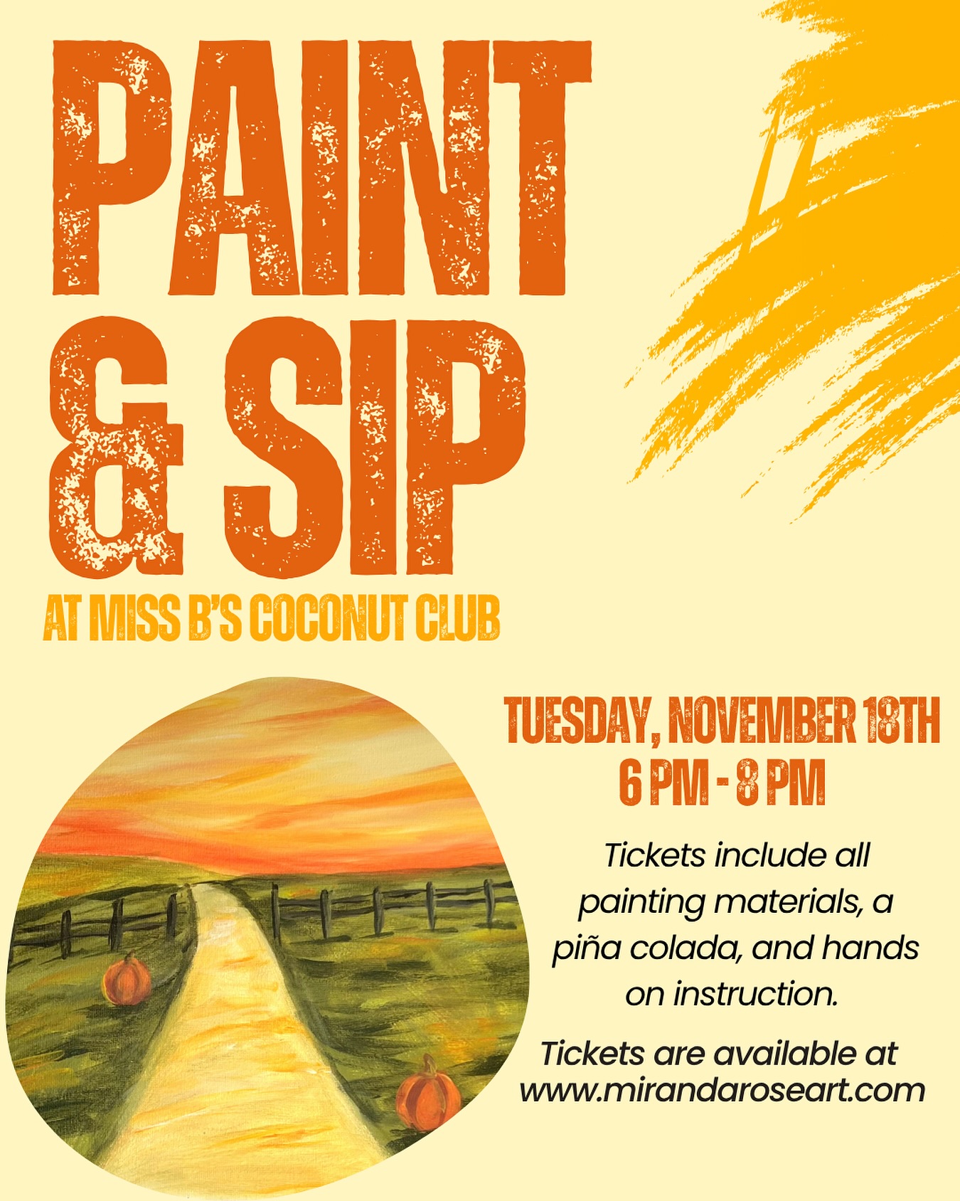 Looking for an indoor activity to do this week? Join us for a cozy paint and sip event at @missbcoconutclub 🎨🌾
All tickets include painting materials, a piña colada, and guided instruction. All ages welcome! Book your seat at www.mirandaroseart.com 🎟️
#paintclass #paintandsip #paintandsipsandiego #sandiegoevents #missionbeach #pacificbeachevents #art #artclasses