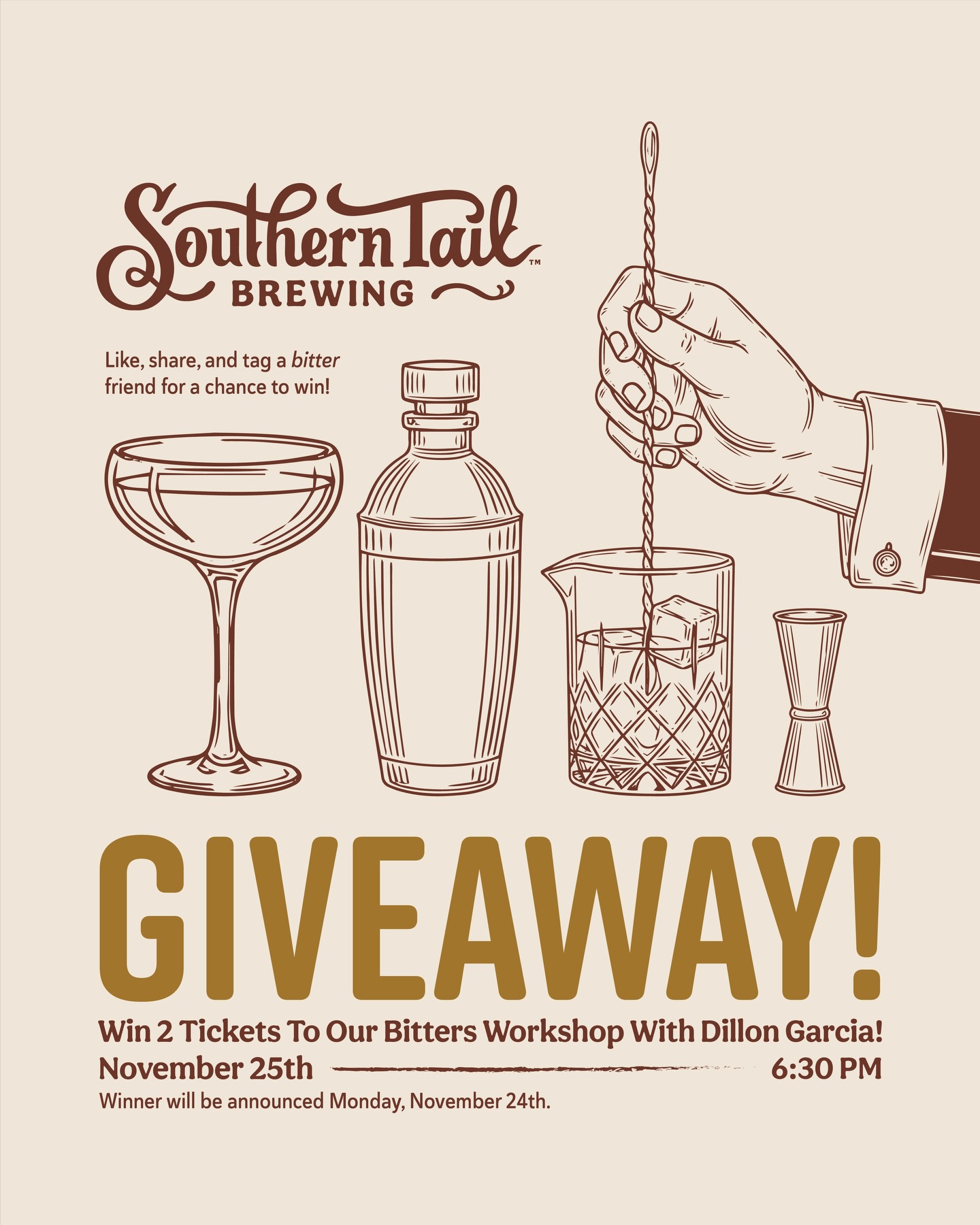 ** GIVEAWAY CLOSED**
Want to learn the art of bitters… for FREE? 👀
We’re giving away 2 tickets to our Bitters Workshop with Dillon Garcia on November 25th!
Here’s how to enter:
• Like this post
• Tag your bitter friends (each tag = 1 entry)
• Share this post to your story for a bonus entry
Winner gets 2 free spots in the class — perfect for cocktail lovers, home bartenders, date night, or anyone who wants to craft their own bitters.
We’ll announce the winner on Monday, November 24th… good luck! 🥃✨