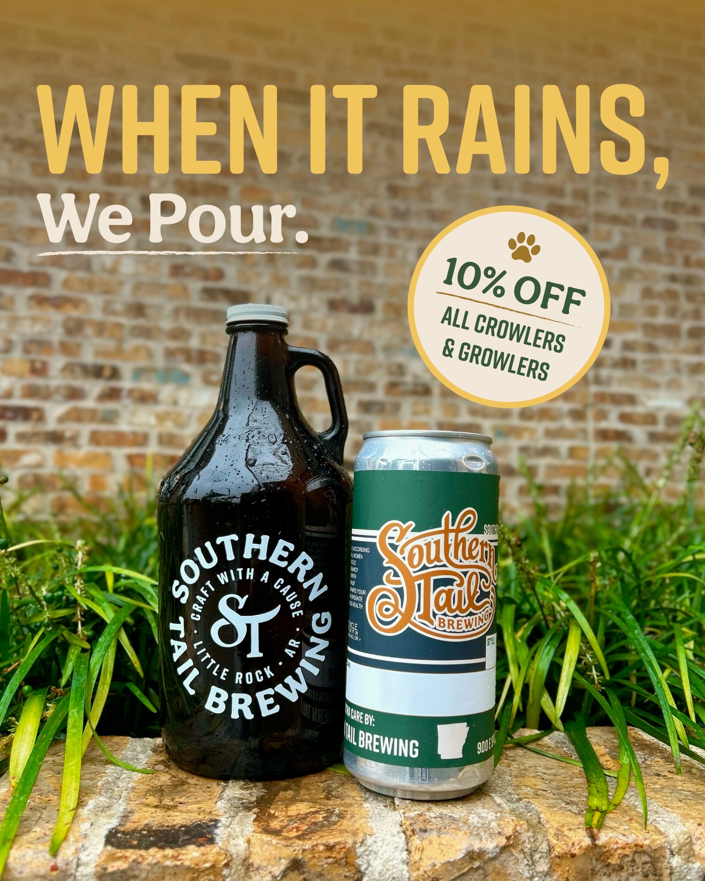 When it rains, we pour. ☔️🍺
Enjoy 10% off crowlers and growlers all day—your perfect rainy-day pick-me-up. 🐾