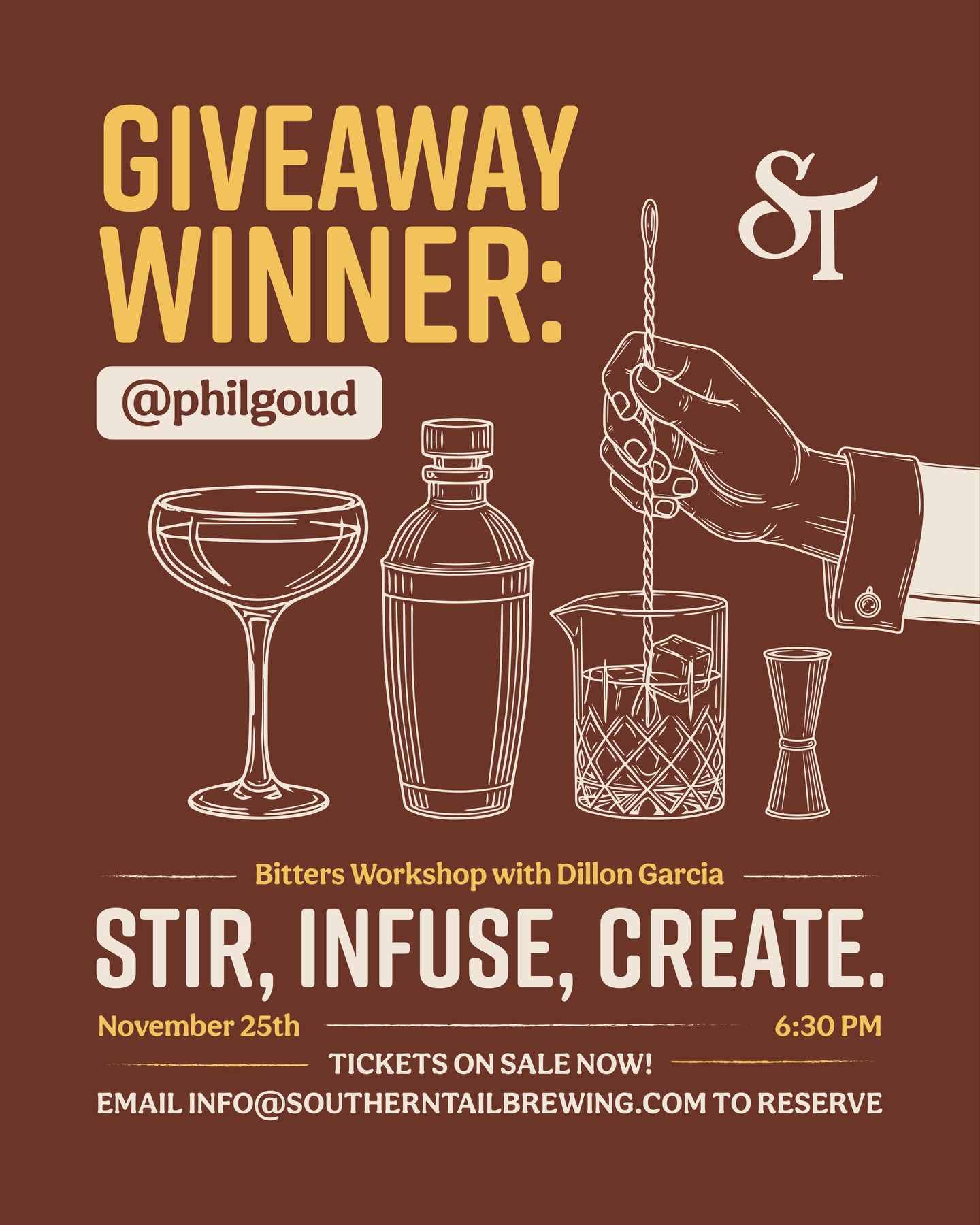Congrats to our giveaway winner! 🎉
If you didn’t win, no worries — you can still snag a spot at our Bitters Workshop on Nov 25th at 6:30 PM. Perfect timing to learn how to impress (or handle) your bitter uncle at Thanksgiving. 🥃😉
Tickets are $45 — limited spots available.
Email info@southerntailbrewing.com to claim yours!
➡️ Swipe to learn more about this special night✨