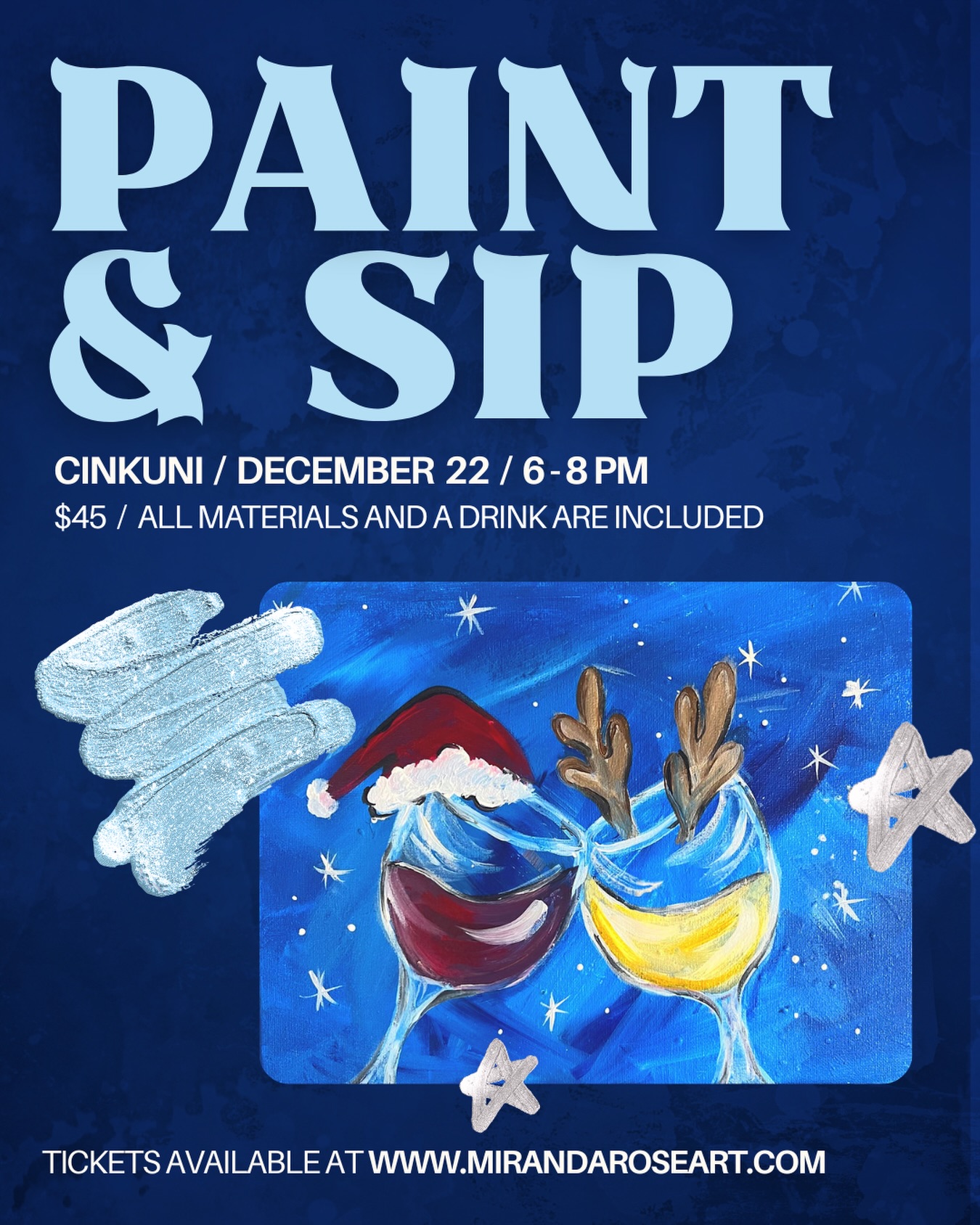 Join us on December 22nd for a paint night at @cinkuni ❤️. Paint a festive toast, while enjoying a complimentary drink. All ages are welcome!
Tickets are available at www.mirandaroseart.com 🎟️
#paintandsipsandiego #christmassandiego #familyfun