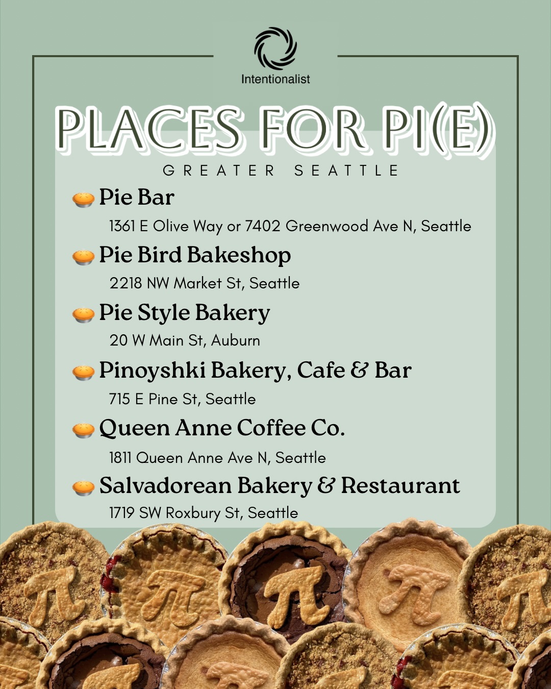 Happy Pi(e) Day, folks! Celebrate with us by:
1️⃣ Visiting a woman-owned pie shop*
2️⃣ Uploading a photo of your receipt (screenshots work) at the link in our bio
3️⃣ You will automatically be entered to win a $50 Intentionalist Card that could be used for more pie (optional, but highly encouraged) 🥧😉
Not the biggest pie fan? No worries! Enjoy any item from these places, upload your receipt, and you’ll still be included in the giveaway.
♾️ Our definition of pie is expansive… Kind of like π…
👀 Visiting a woman-owned place with pie that’s NOT on our list? Add a comment, we’ll count it, and add them to our list to visit!
🐤 These gorgeous photos of pi-pies are courtesy of @piebirdbakeshop - thank you!
#SpendLikeItMatters #BeIntentional #seattlesmallbusiness #seattlefoodie #piday