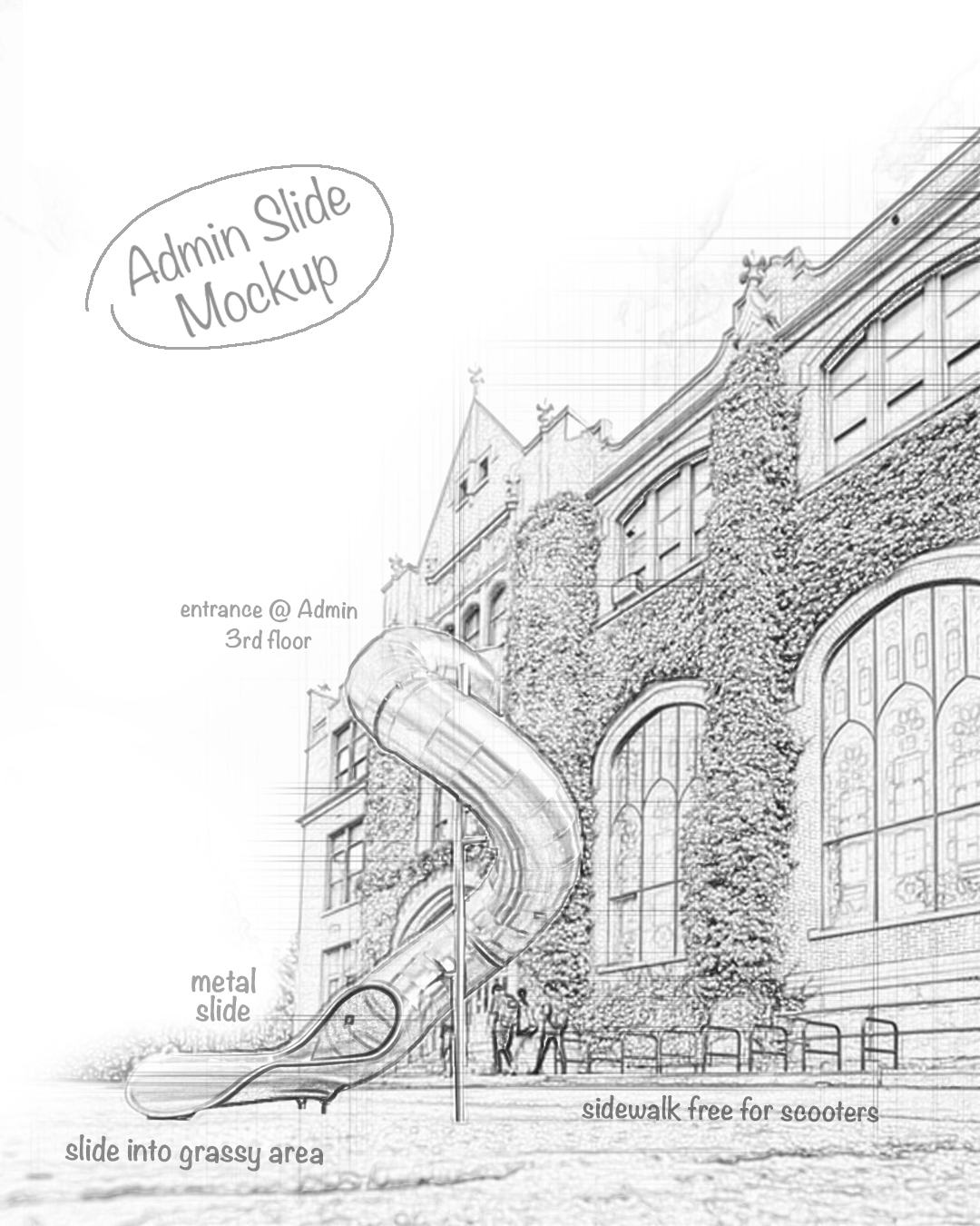 Solution approved for added fun AND faster commute times.
The campus planning committee has been working to create a solution to increased electric scooter traffic, longer campus commute times and complaints of hills on campus. In order to create easy and efficient travel, the team has decided to move forward with the drafted plan to install a series of slides from the Administration building to the Idaho Student Union Building. If this pilot program is successful, the team plans to expand the slide system across campus in 2028.
#ApriFools #UIdaho