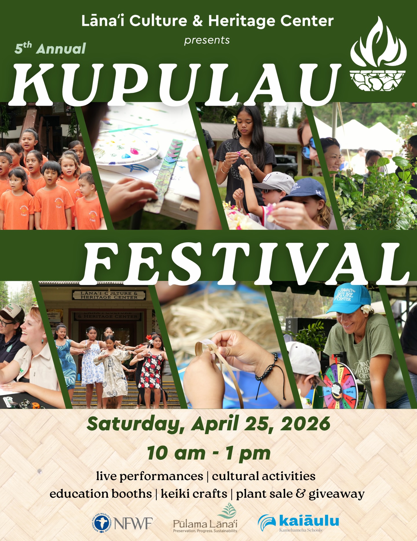 🌿Join us for our 5th Annual KUPULAU FESTIVAL🌿
Bring your ʻohana and come learn, create, and connect with us!
🗓️ Saturday, April 25, 2026
⏰ 10:00 AM to 1:00 PM
📍 Lāna’i Culture & Heritage Center
Enjoy a day filled with:
🤙🏽Live performances
🌺Cultural activities
📚Education booths
🧵Keiki crafts
🌱Plant sale & giveaway
Mahalo to our partners and supporters for helping make this event possible!
#kupulau #lanaichc #alohaaina #mālamahonua #community