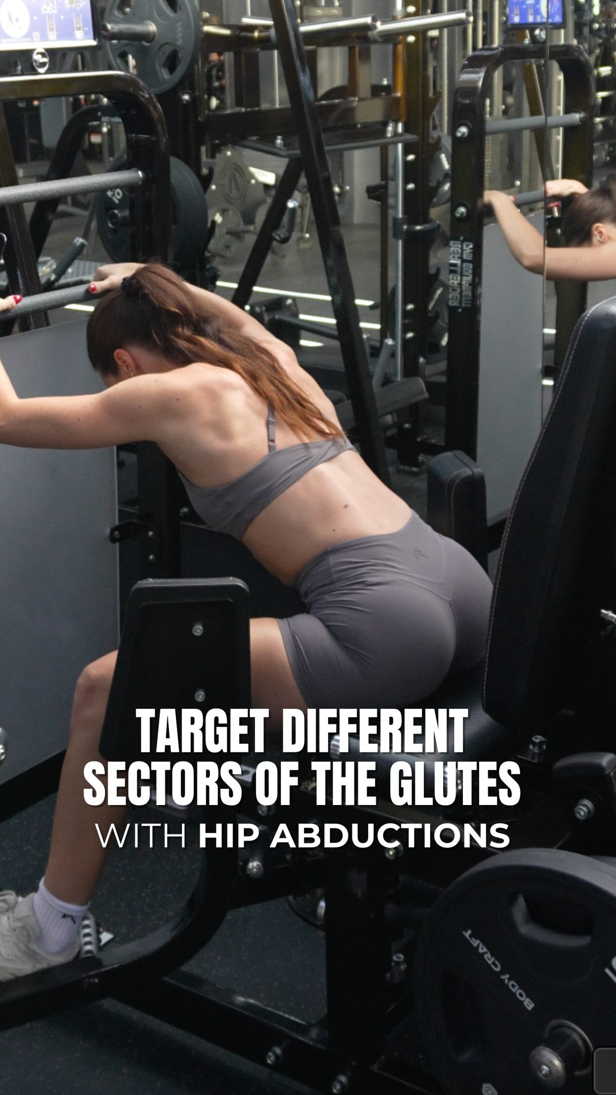 Both the glute max and glute medius contribute to the action of abducting your hips and the way you’re positioned with your hip abduction exercises matters!
Your glute max is the largest muscle and makes up the majority of your glutes, whereas the glute medius and minimus are smaller muscles positioned in the top side portion of your glutes. Most of the time, working on your glute medius is referred to as building the “shelf.”
The more you sink into hip flexion (bending your hips), the more you’ll be incorporating your glute max. Also the deep hip external rotators and the posterior divisions of the glute medius and minimus.
The more you go into hip extension (straightening out your hips), the more you’ll be targeting the glute medius and minimus. Especially the middle divisions and the “bulk” of the fibers.
Remember – the glute max is huge compared to the glute medius, so you will always be stronger in hip flexion than you are in hip extension with these exercises. When you lean forward in the machine seated hip abduction, you can more easily utilize progressive overload and go much heavier. When you’re bridged, we often like to treat it as a higher rep, mind-muscle connection exercise.