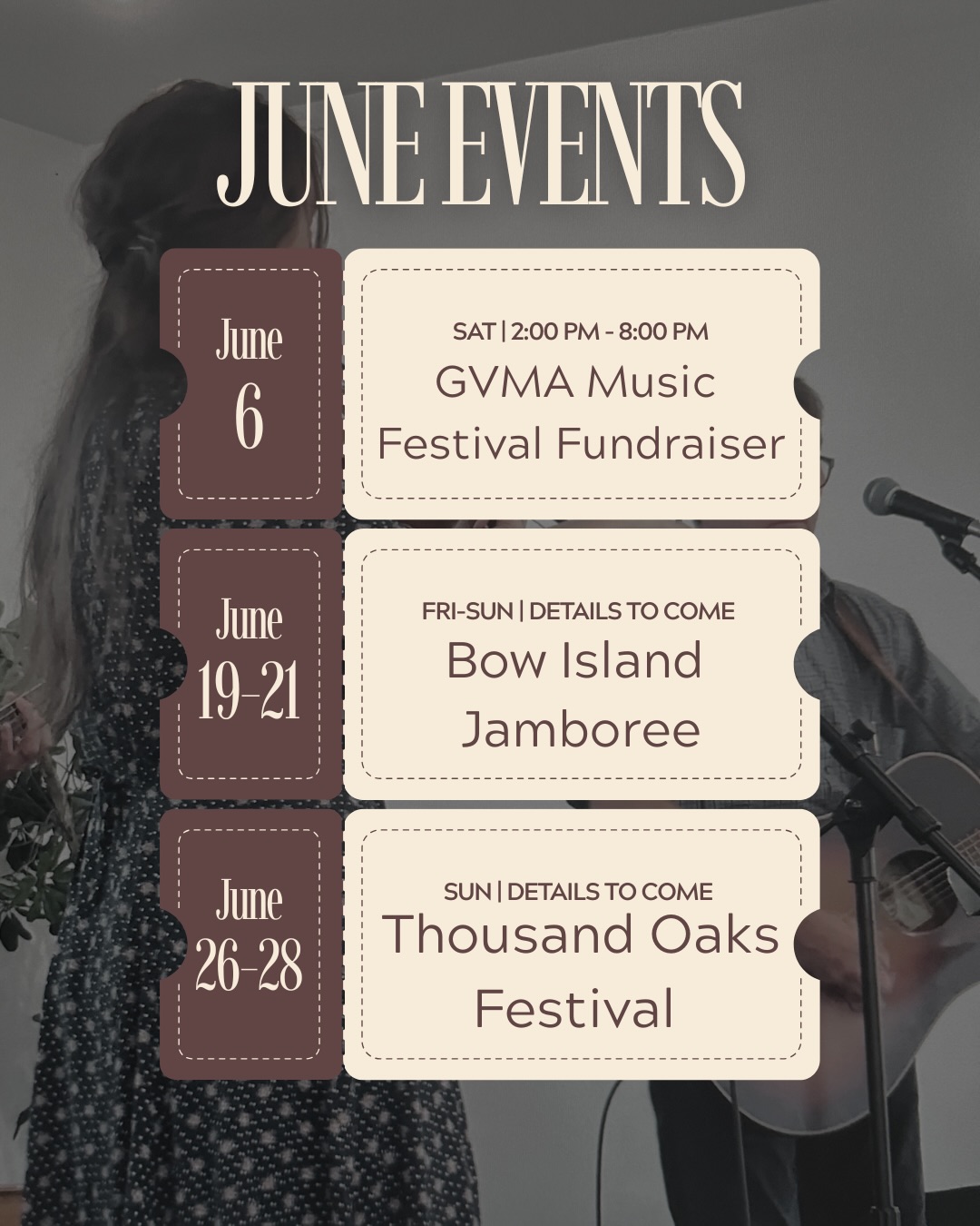 Here’s where to find our team this June!
This weekend we will be at the GVMA Music Festival Fundraiser, see the second poster for details. We will be playing at 6:00pm but there are many others to come enjoy throughout the day!
We will also be back in Alberta, so if you are near Bow Island, come out to the jamboree! Details to come.
Lastly we will be at Thousand Oaks Festival, it runs June 26-28 but we will only be playing on the 28th. Come on out and enjoy some music!
#dfriesensmusic #multinational1985