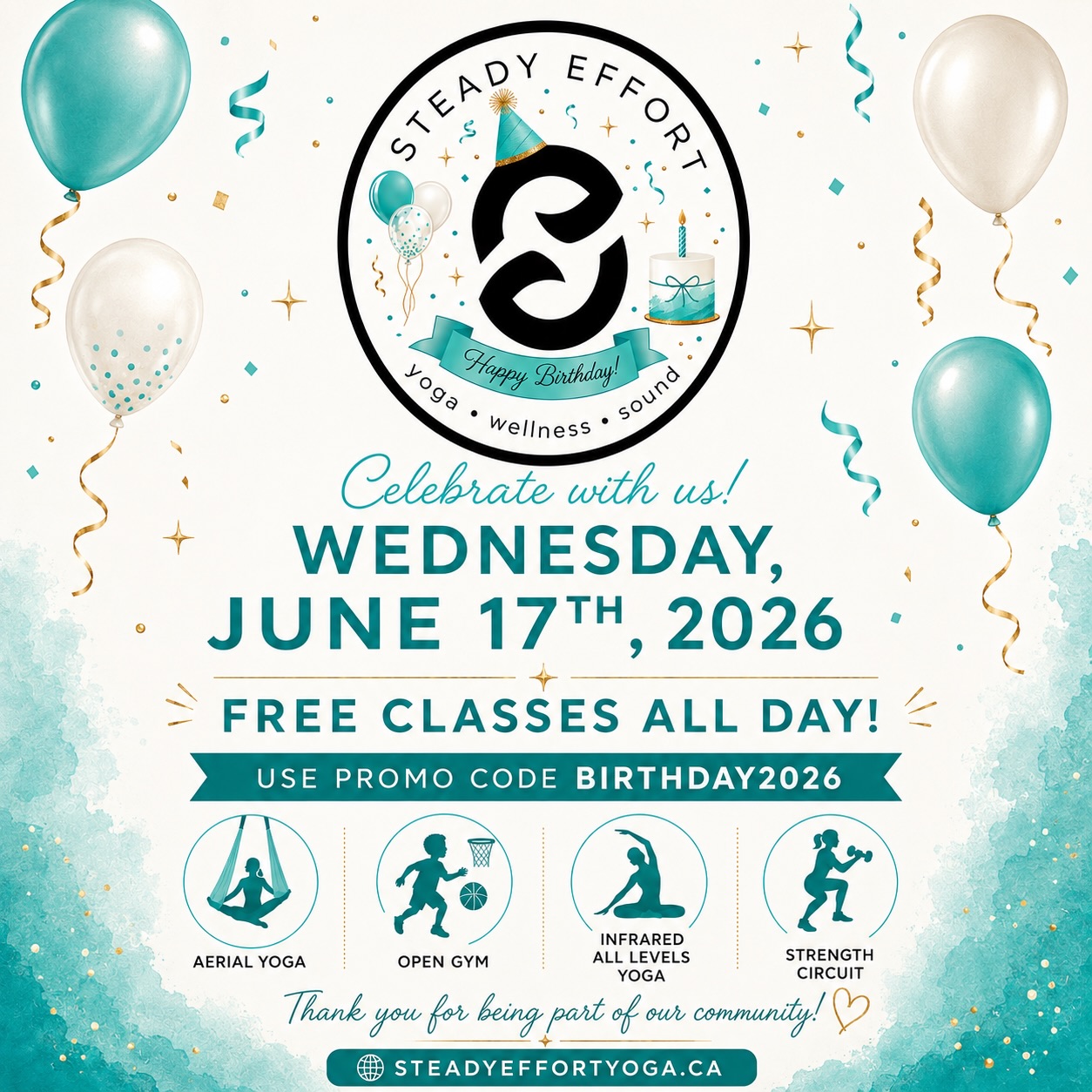 Happy Birthday to Us!
As a thank you for your support over the past year in our new location, please enjoy free classes on Wednesday, June 17th!
Use the code BIRTHDAY2026 to sign up and celebrate our trip around the Sun!
Valid for June 17th, 2026 classes only.
#CelebrateWithUs #HappyBirthday #7LapsAroundTheSun #SteadyEffortCommunity