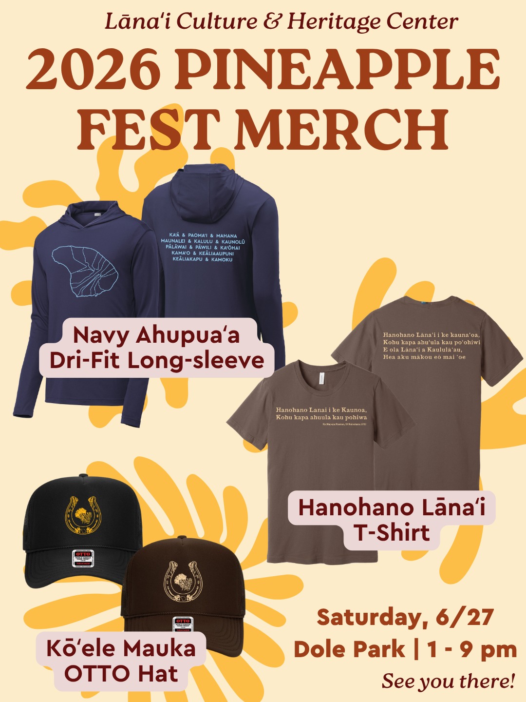 🍍 2026 Pineapple Fest Merch is Here! 🍍
Visit our booth tomorrow to learn about our island's pineapple history, shop our plant sale, and pick up new and vintage merch! Make sure to keep an ear out for pineapple trivia throughout the day for a chance to win prizes!
📍 Dole Park
🗓️ Saturday, June 27, 2026
🕐 1:00 PM – 9:00 PM
Can't wait to see you there!
#PineappleFest2026 #Lānaʻi #LanaiCHC #SupportLocal #Community #Hawaii #LCHC #PineappleFest #ShopLocal #Aloha